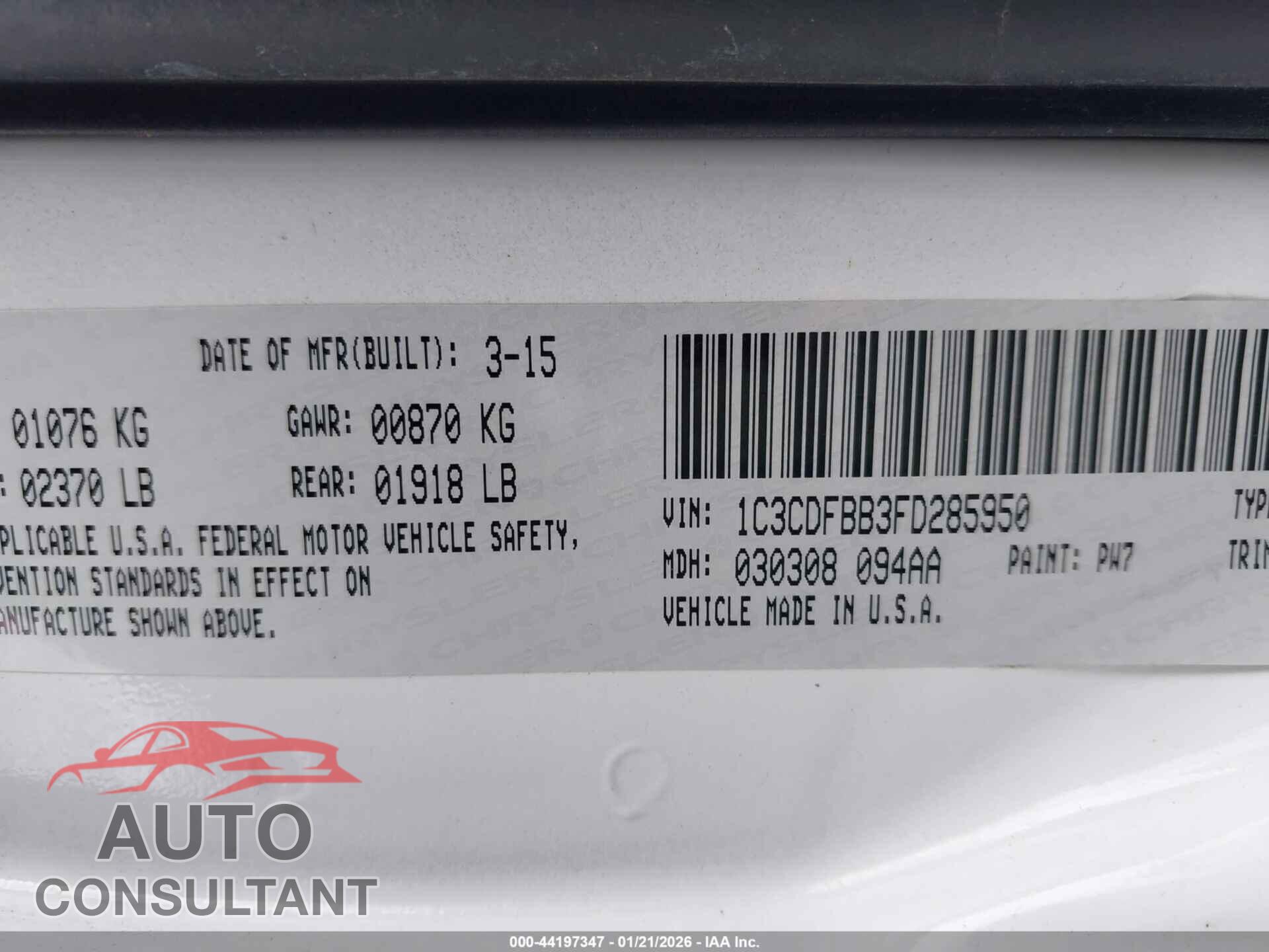 DODGE DART 2015 - 1C3CDFBB3FD285950