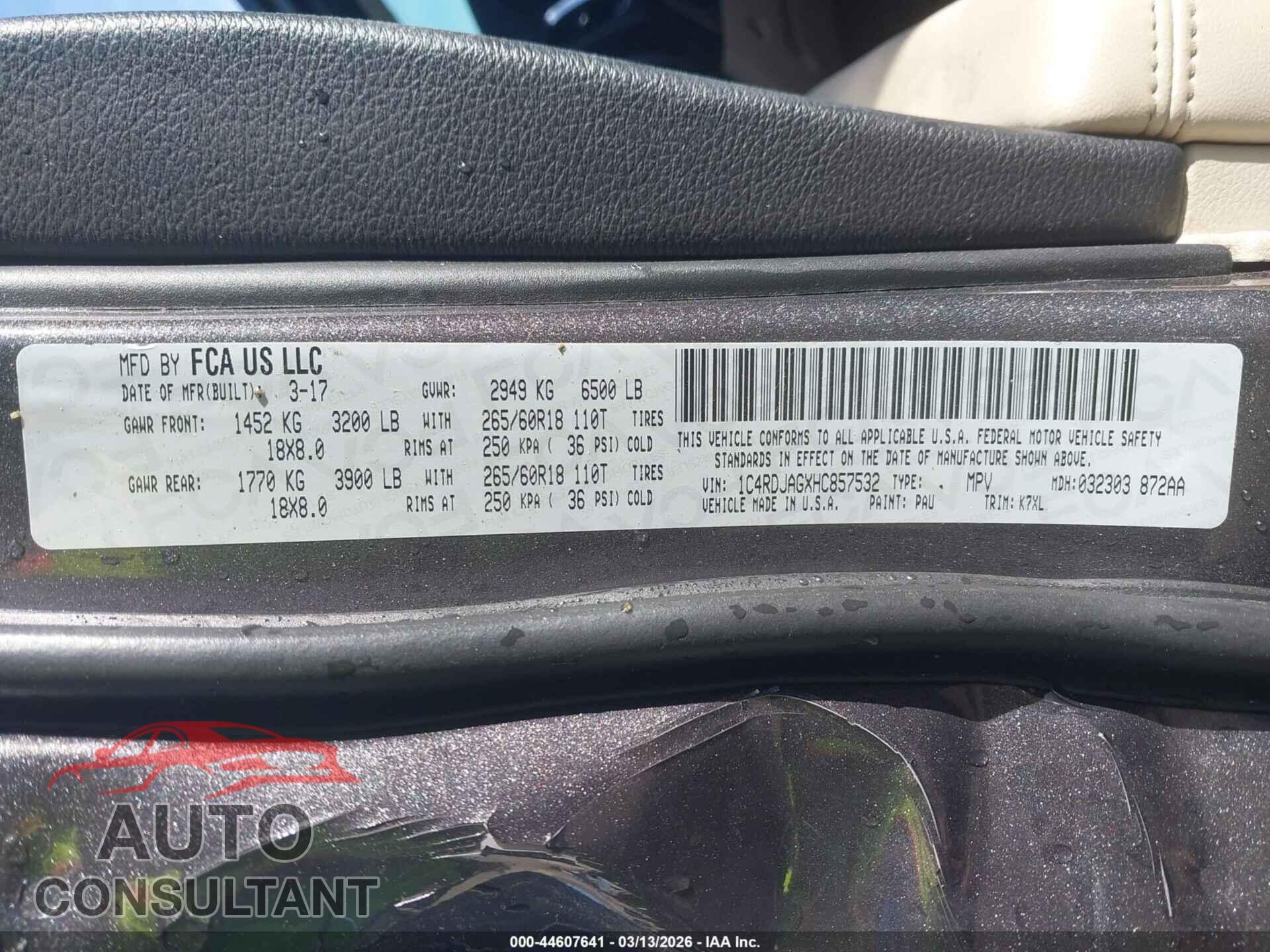 DODGE DURANGO 2017 - 1C4RDJAGXHC857532
