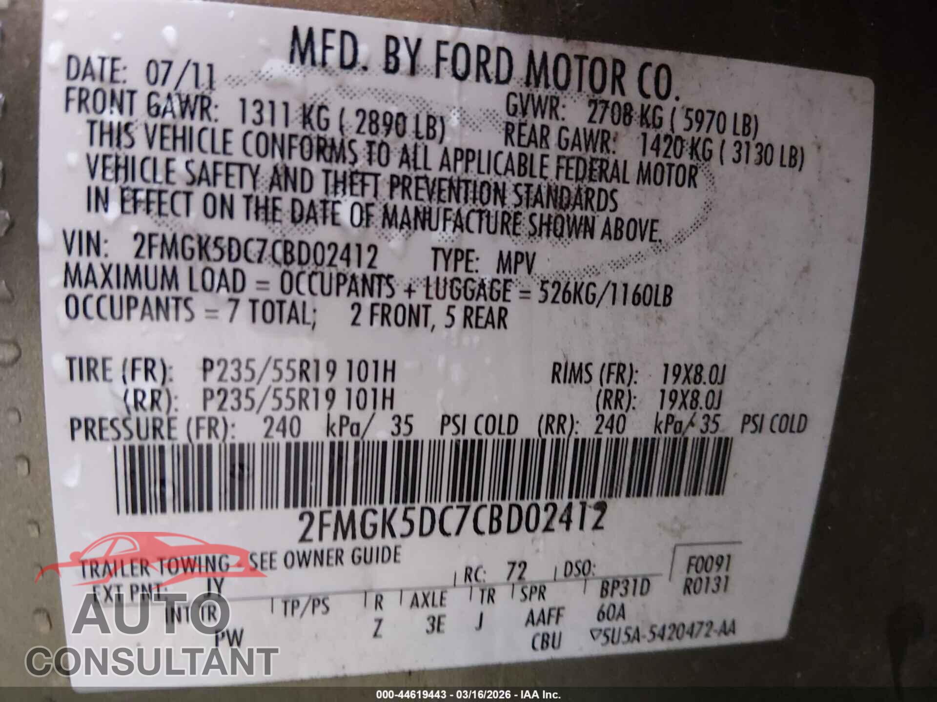 FORD FLEX 2012 - 2FMGK5DC7CBD02412