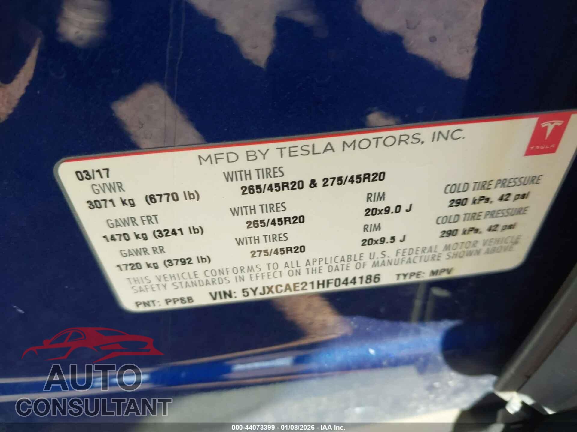 TESLA MODEL X 2017 - 5YJXCAE21HF044186