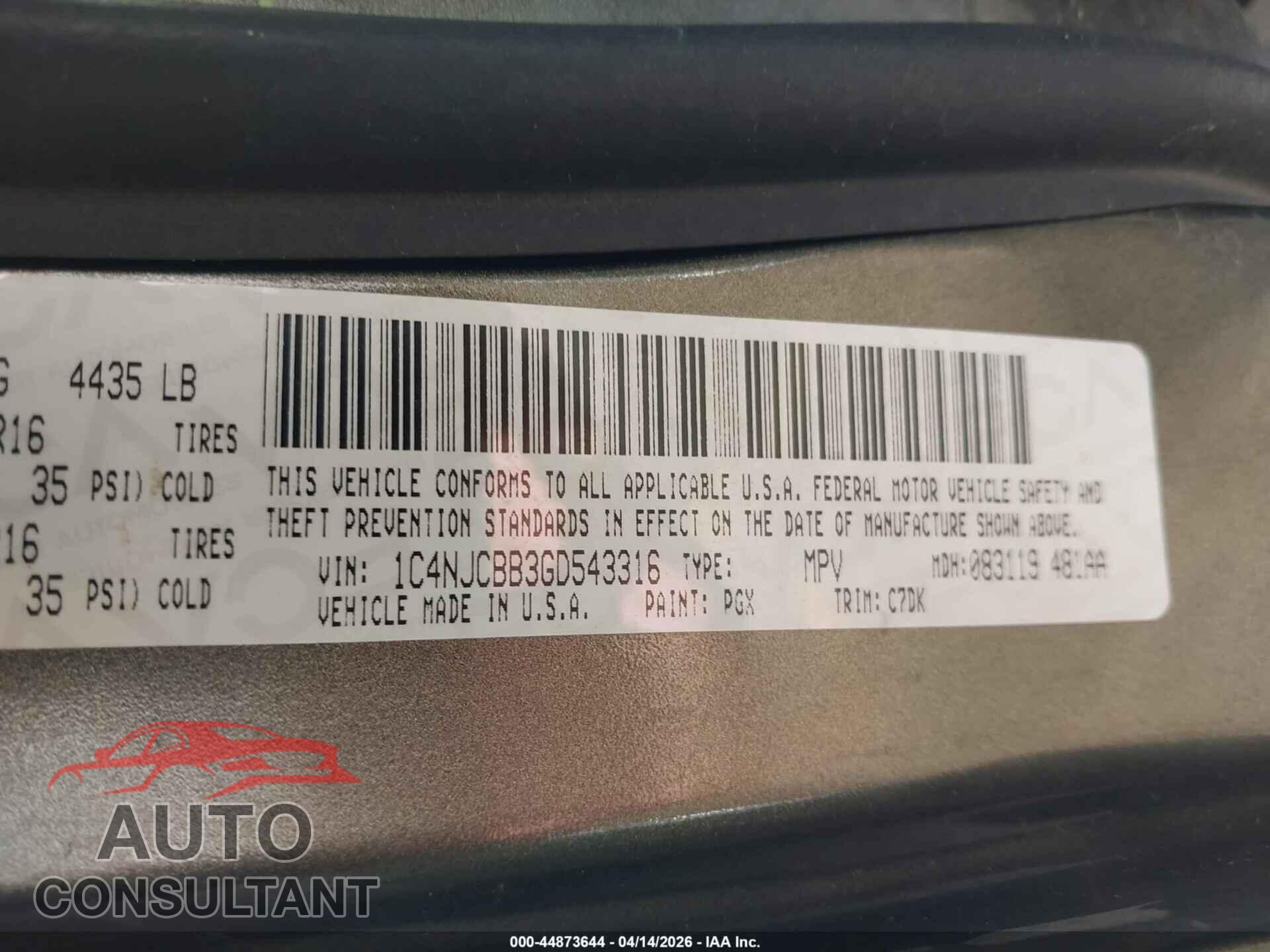 JEEP COMPASS 2016 - 1C4NJCBB3GD543316