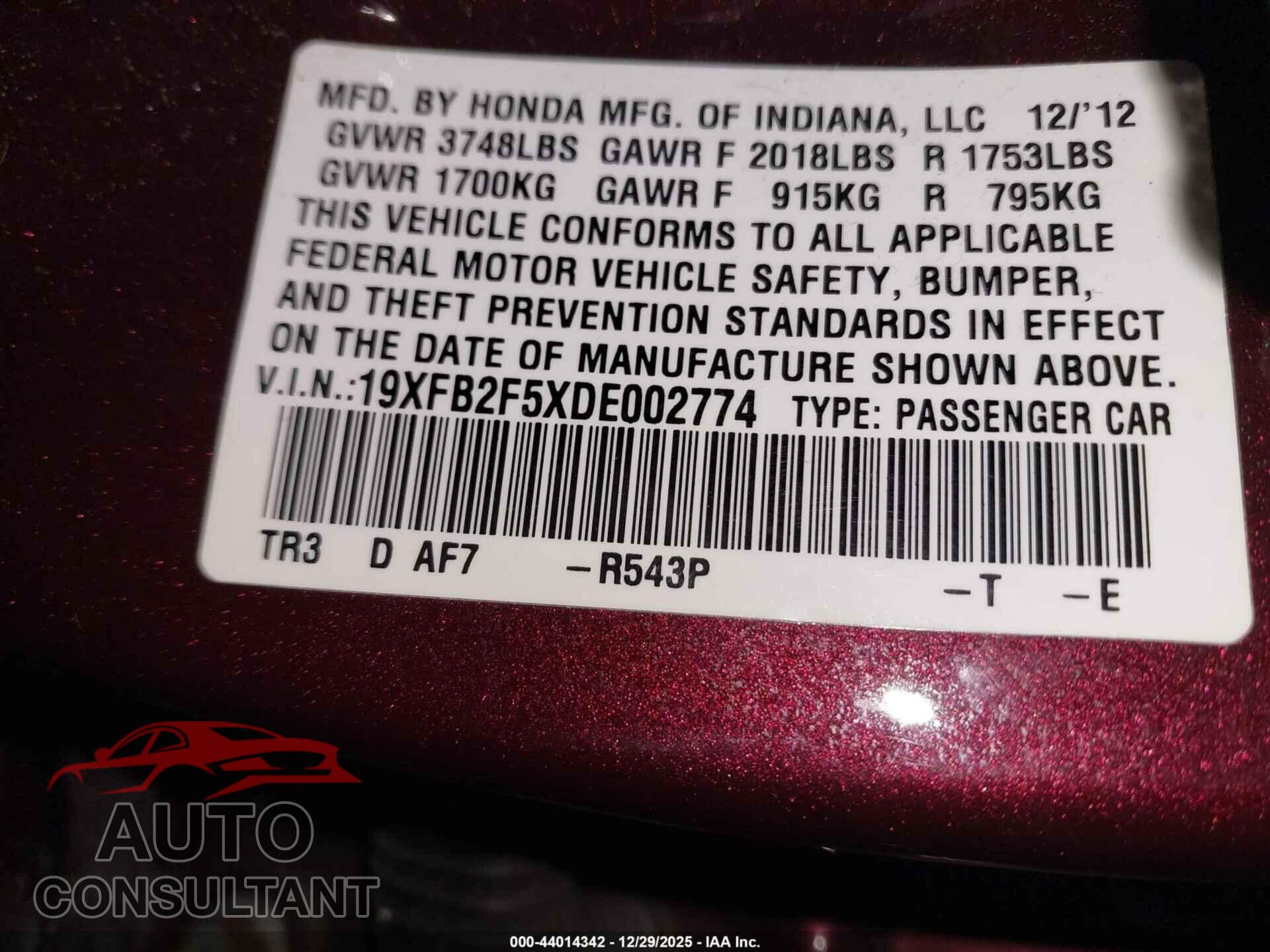 HONDA CIVIC 2013 - 19XFB2F5XDE002774