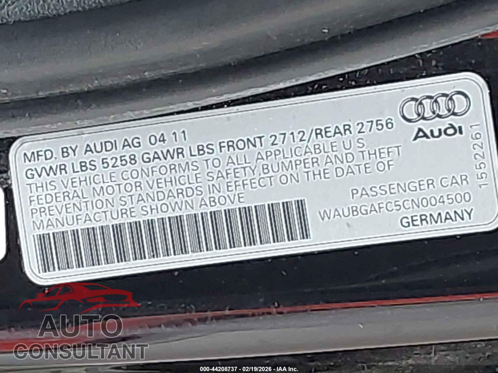 AUDI A6 2012 - WAUBGAFC5CN004500