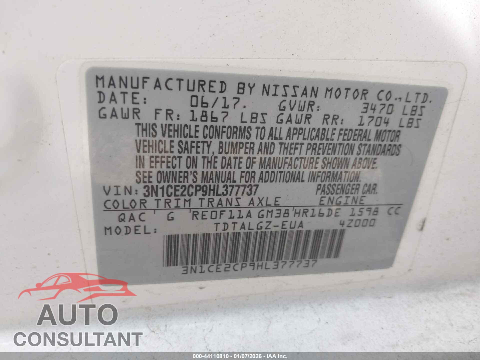 NISSAN VERSA NOTE 2017 - 3N1CE2CP9HL377737