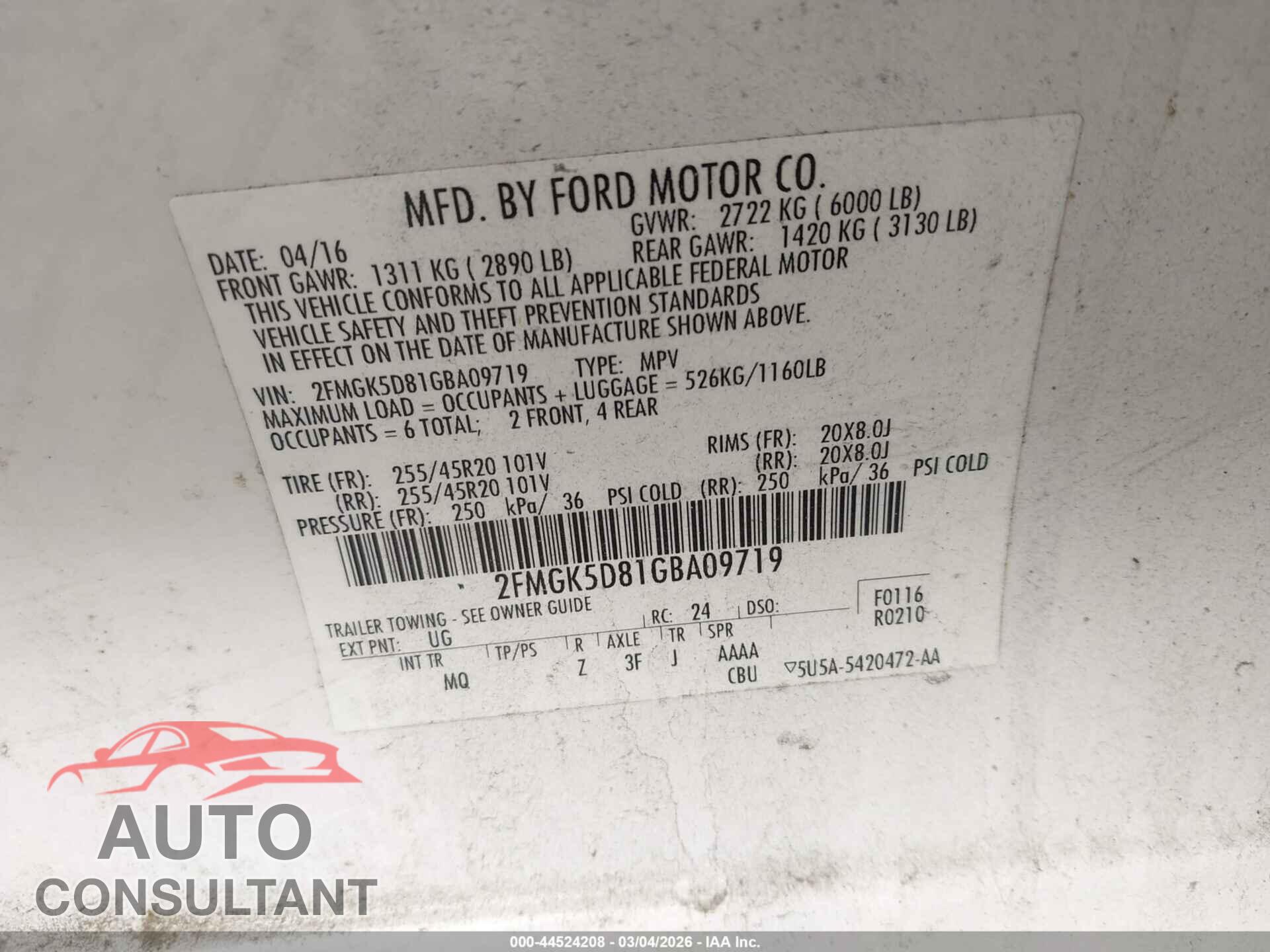 FORD FLEX 2016 - 2FMGK5D81GBA09719