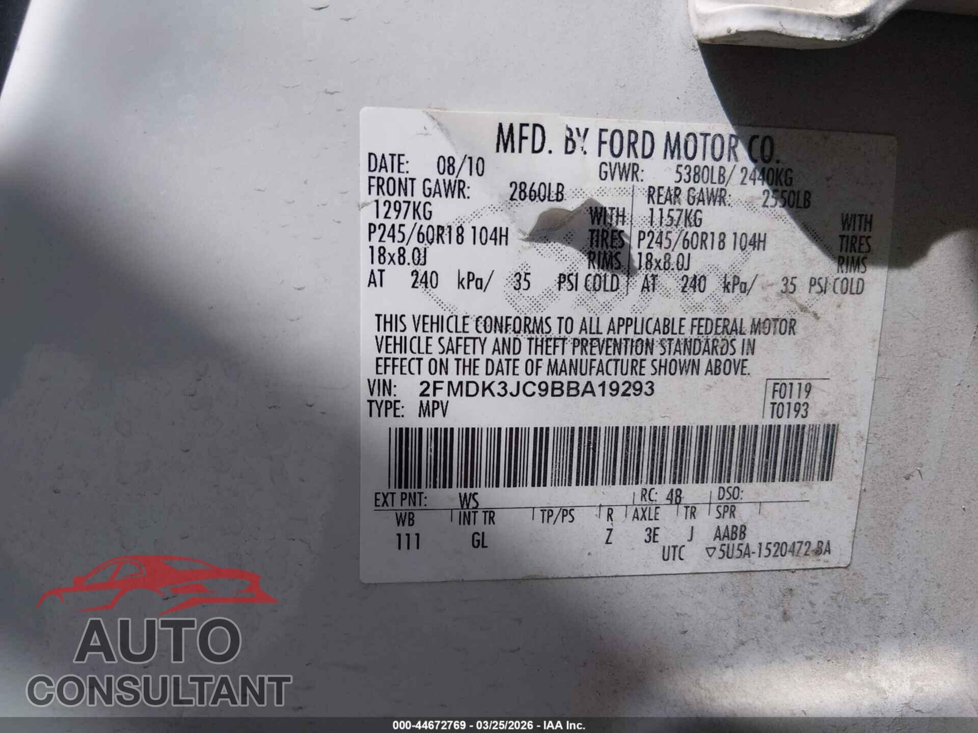 FORD EDGE 2011 - 2FMDK3JC9BBA19293
