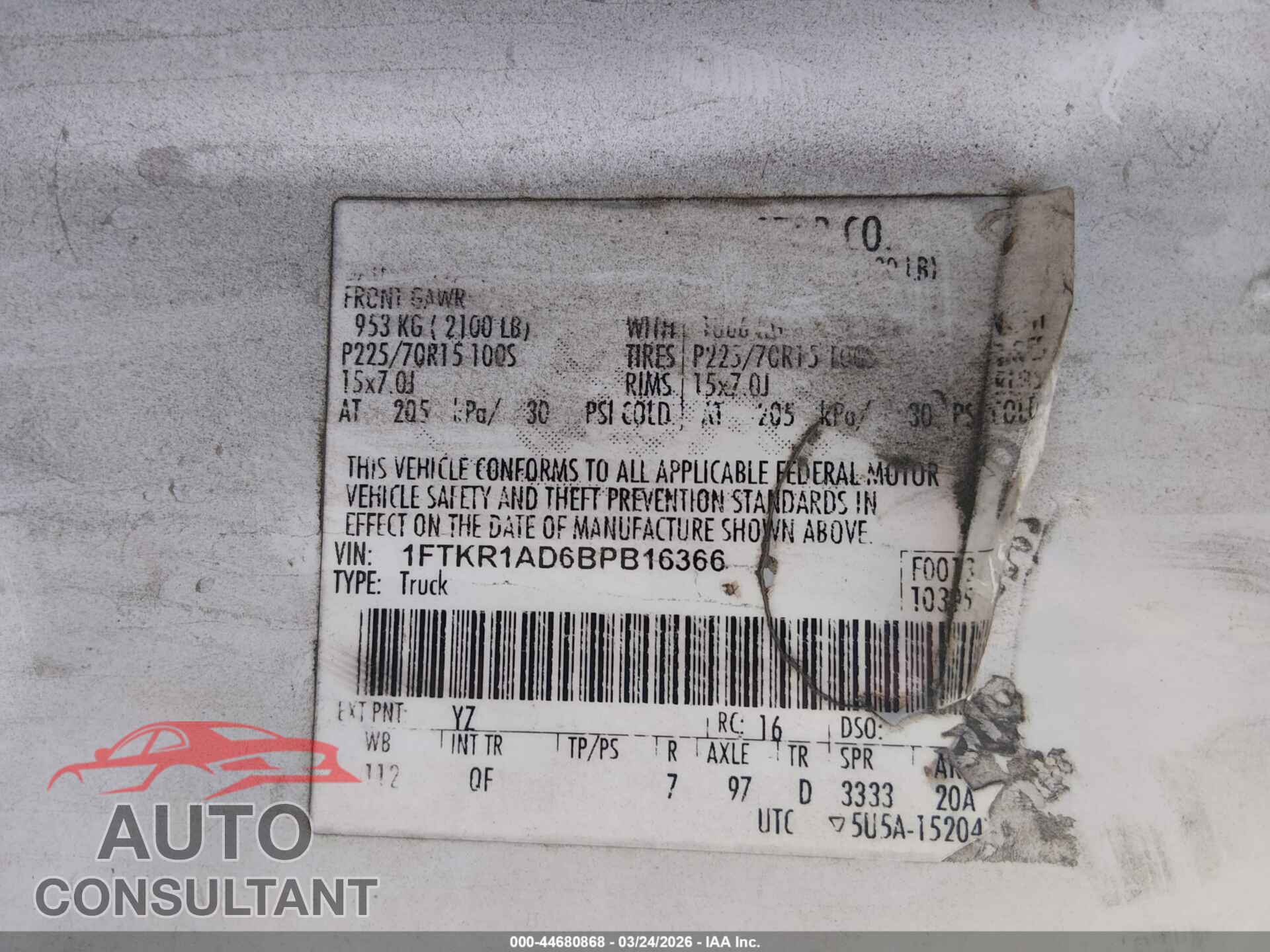 FORD RANGER 2011 - 1FTKR1AD6BPB16366