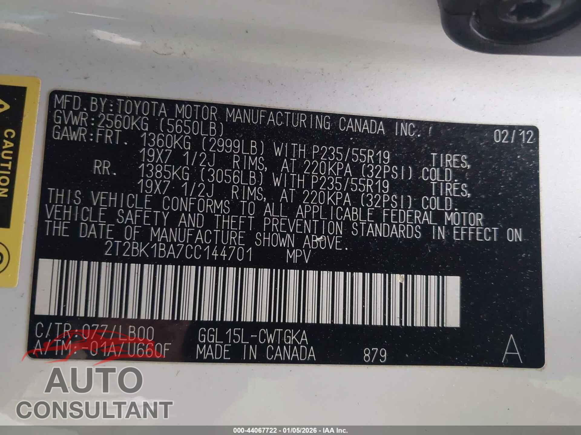 LEXUS RX 350 2012 - 2T2BK1BA7CC144701