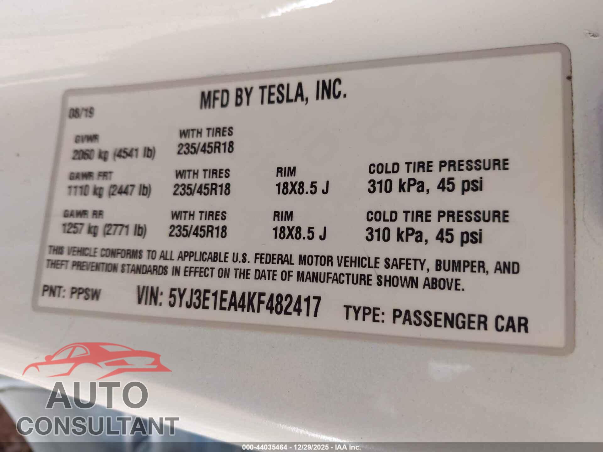 TESLA MODEL 3 2019 - 5YJ3E1EA4KF482417