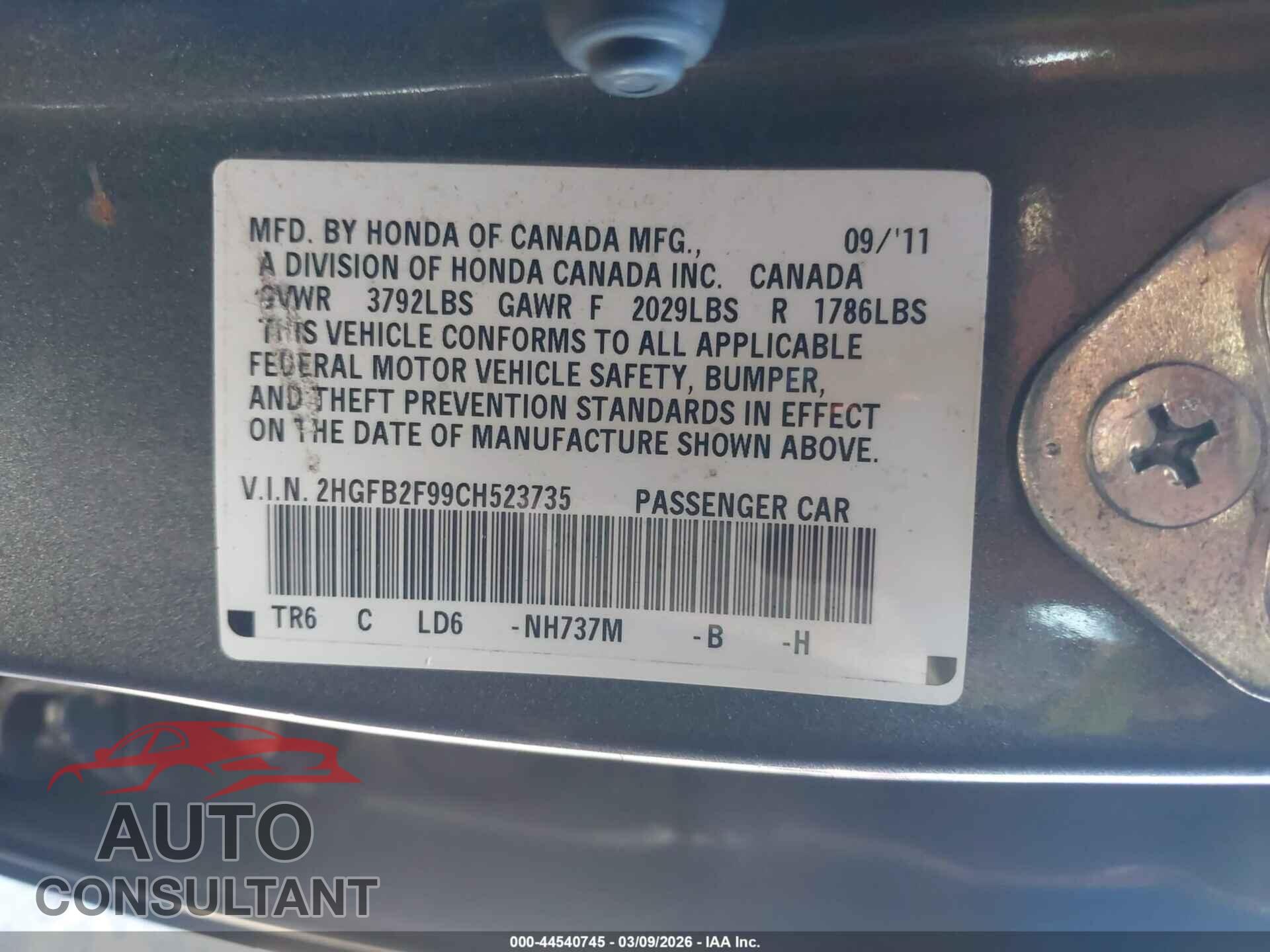 HONDA CIVIC 2012 - 2HGFB2F99CH523735