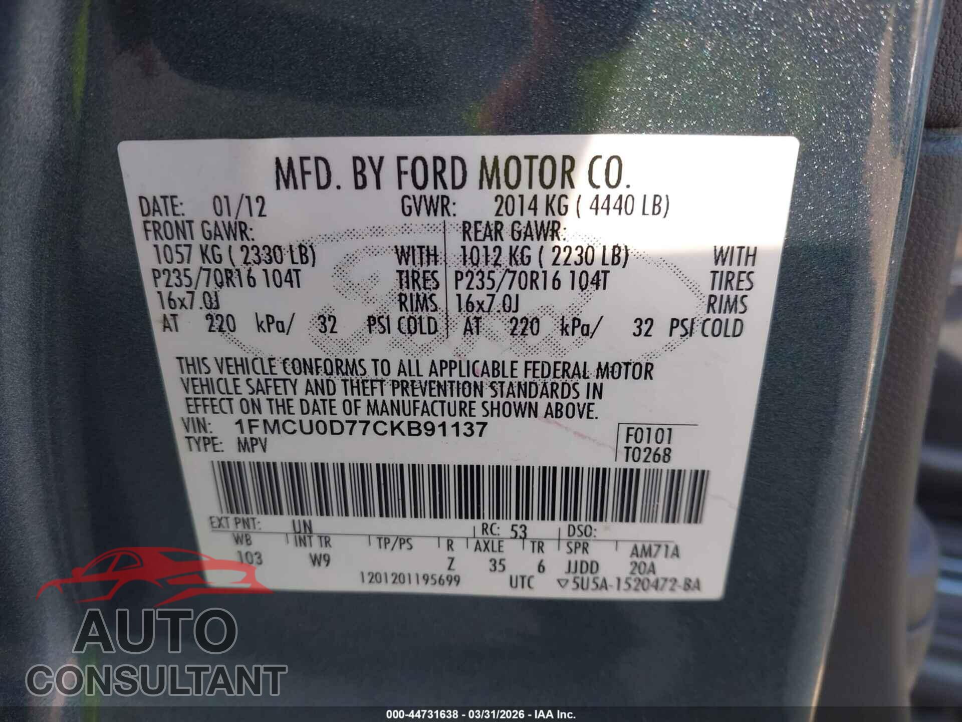 FORD ESCAPE 2012 - 1FMCU0D77CKB91137