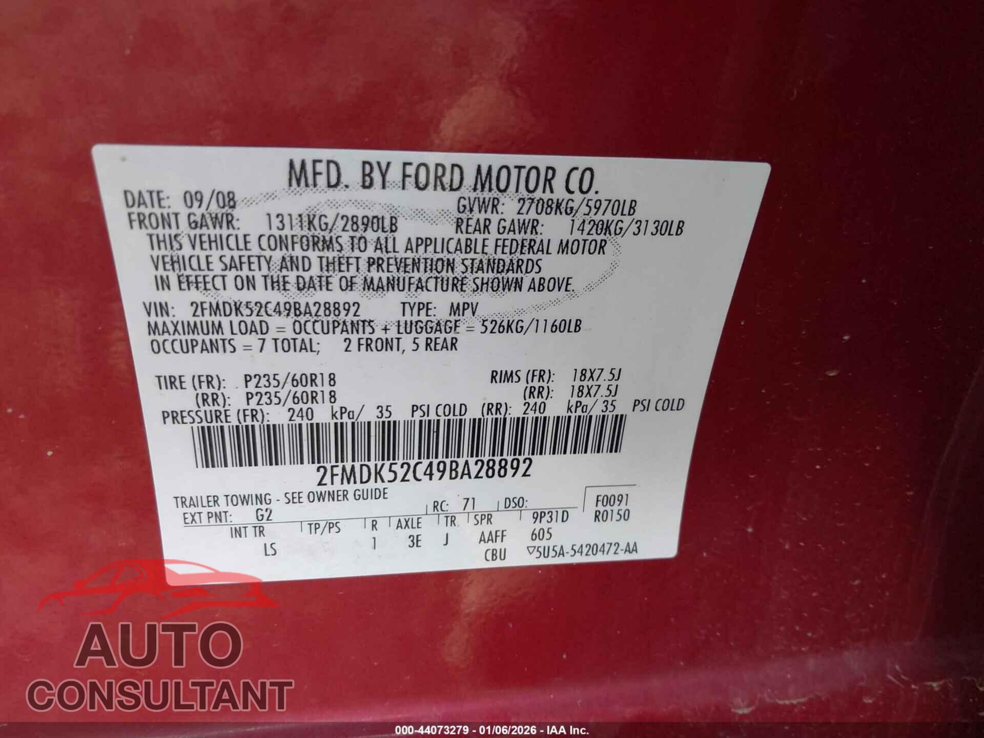 FORD FLEX 2009 - 2FMDK52C49BA28892