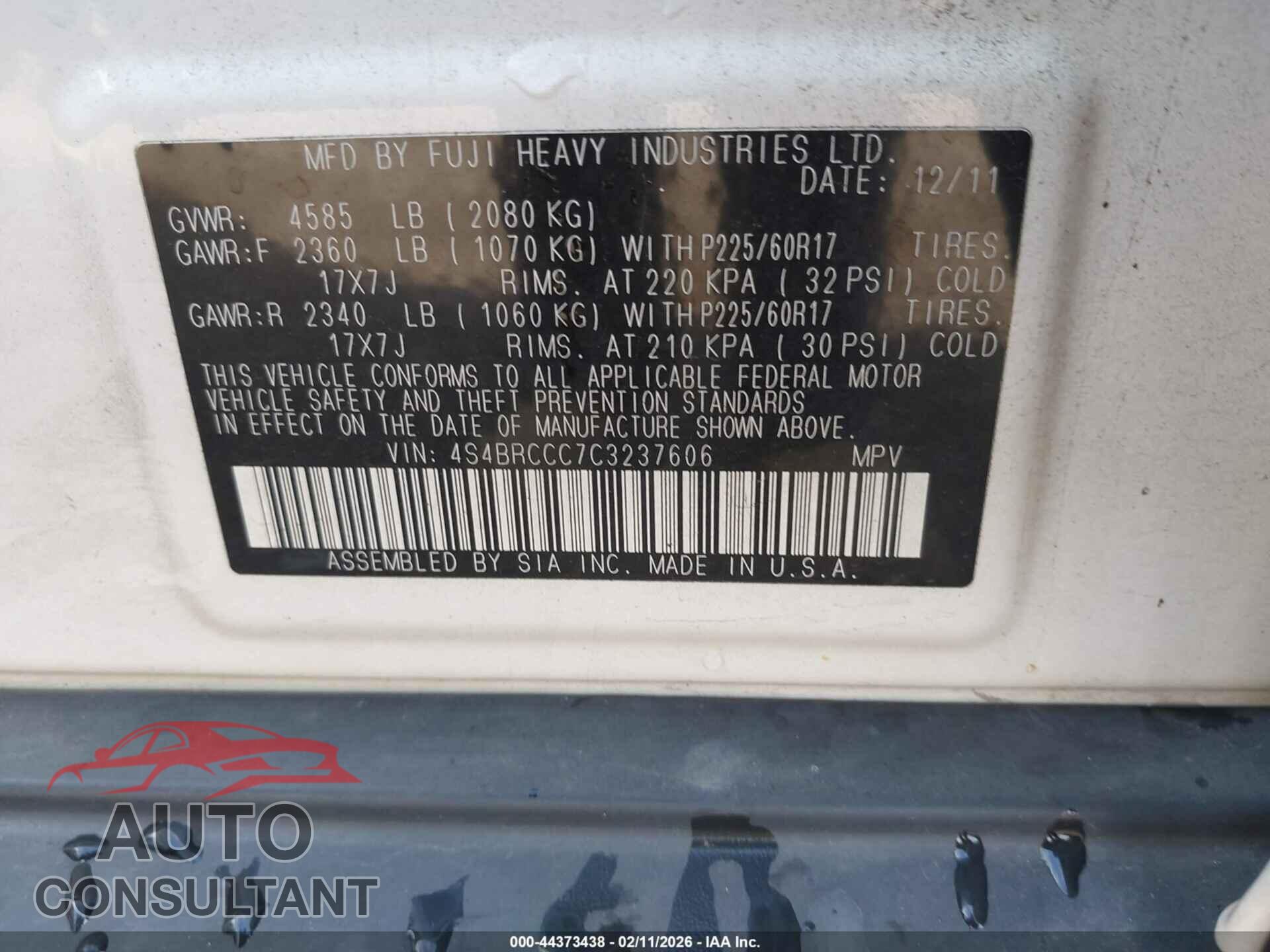 SUBARU OUTBACK 2012 - 4S4BRCCC7C3237606