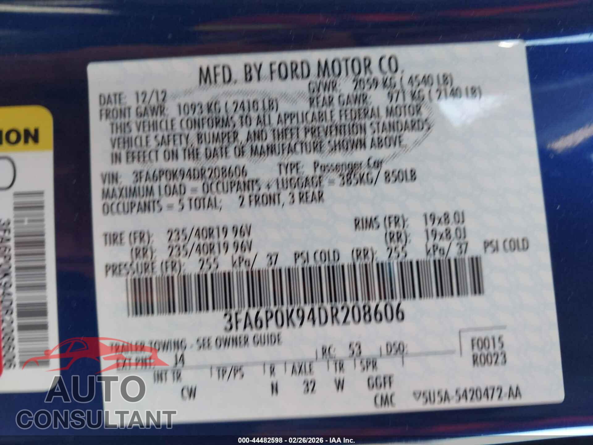 FORD FUSION 2013 - 3FA6P0K94DR208606
