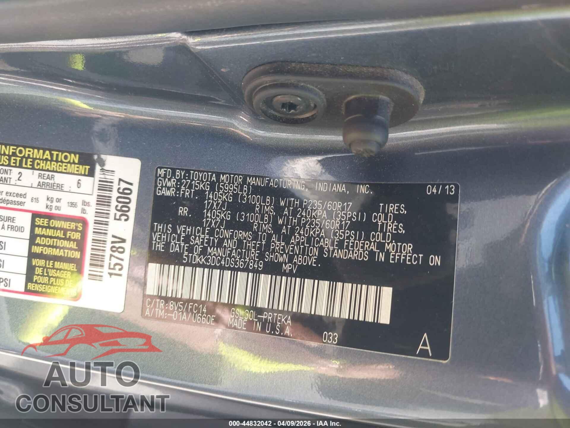 TOYOTA SIENNA 2013 - 5TDKK3DC4DS367849