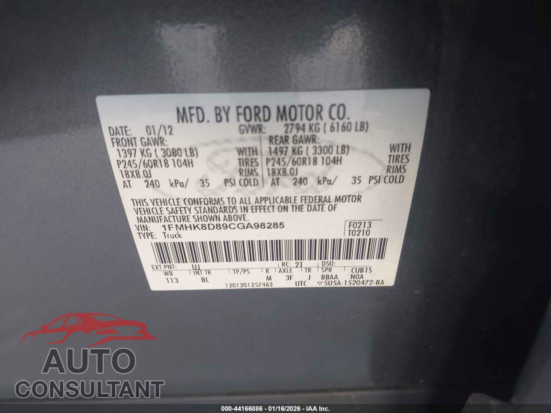 FORD EXPLORER 2012 - 1FMHK8D89CGA98285