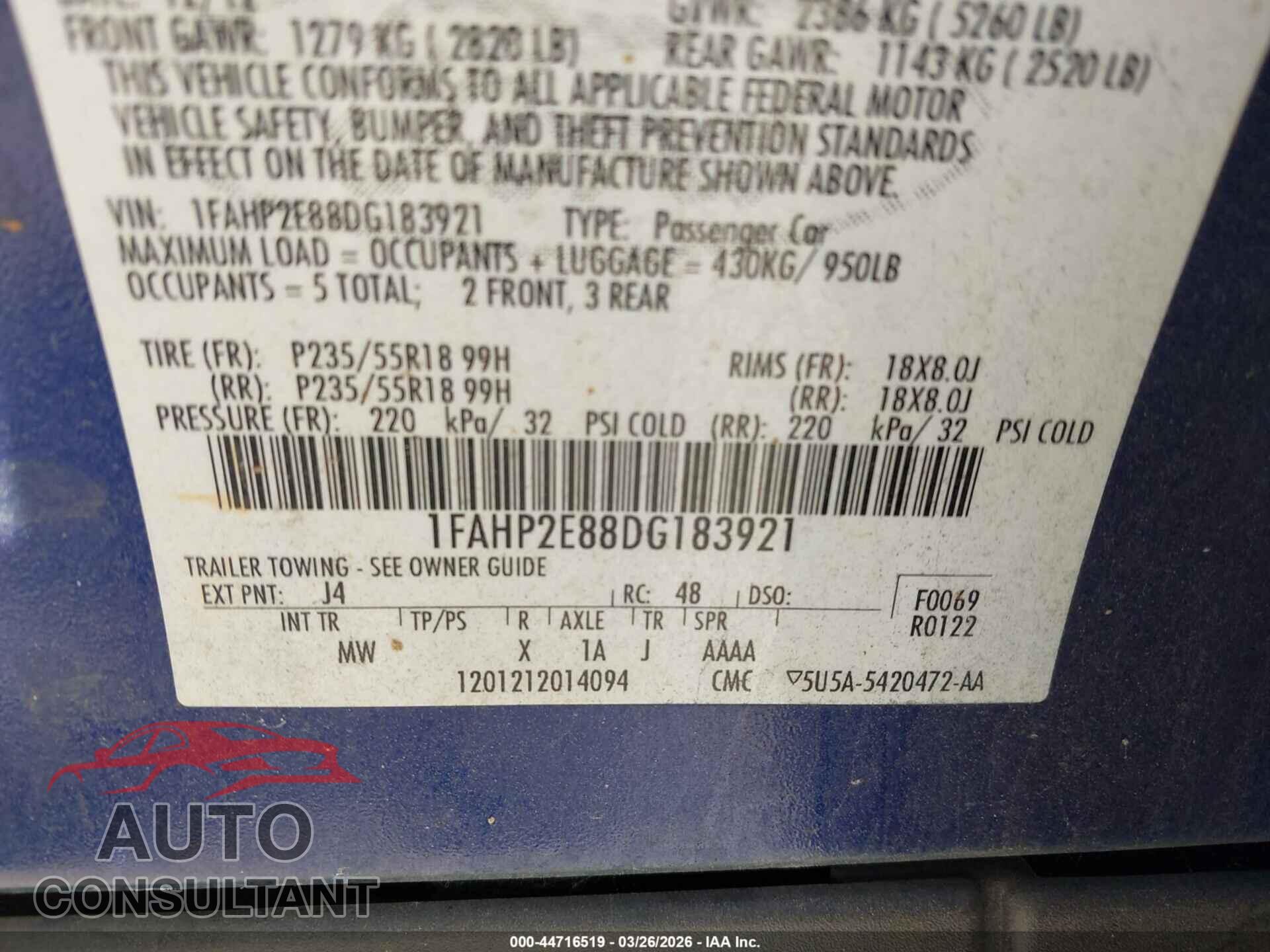 FORD TAURUS 2013 - 1FAHP2E88DG183921