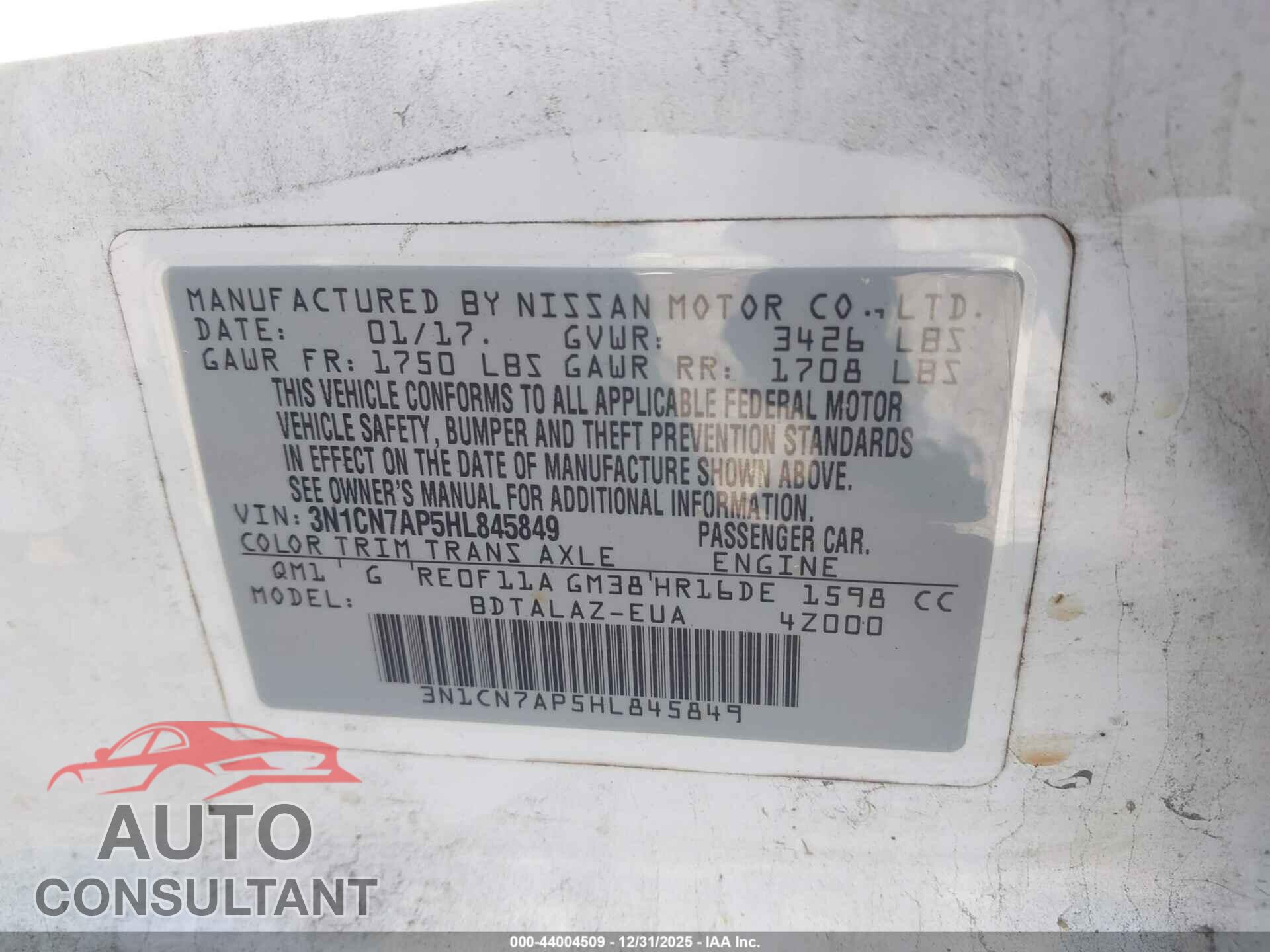 NISSAN VERSA 2017 - 3N1CN7AP5HL845849