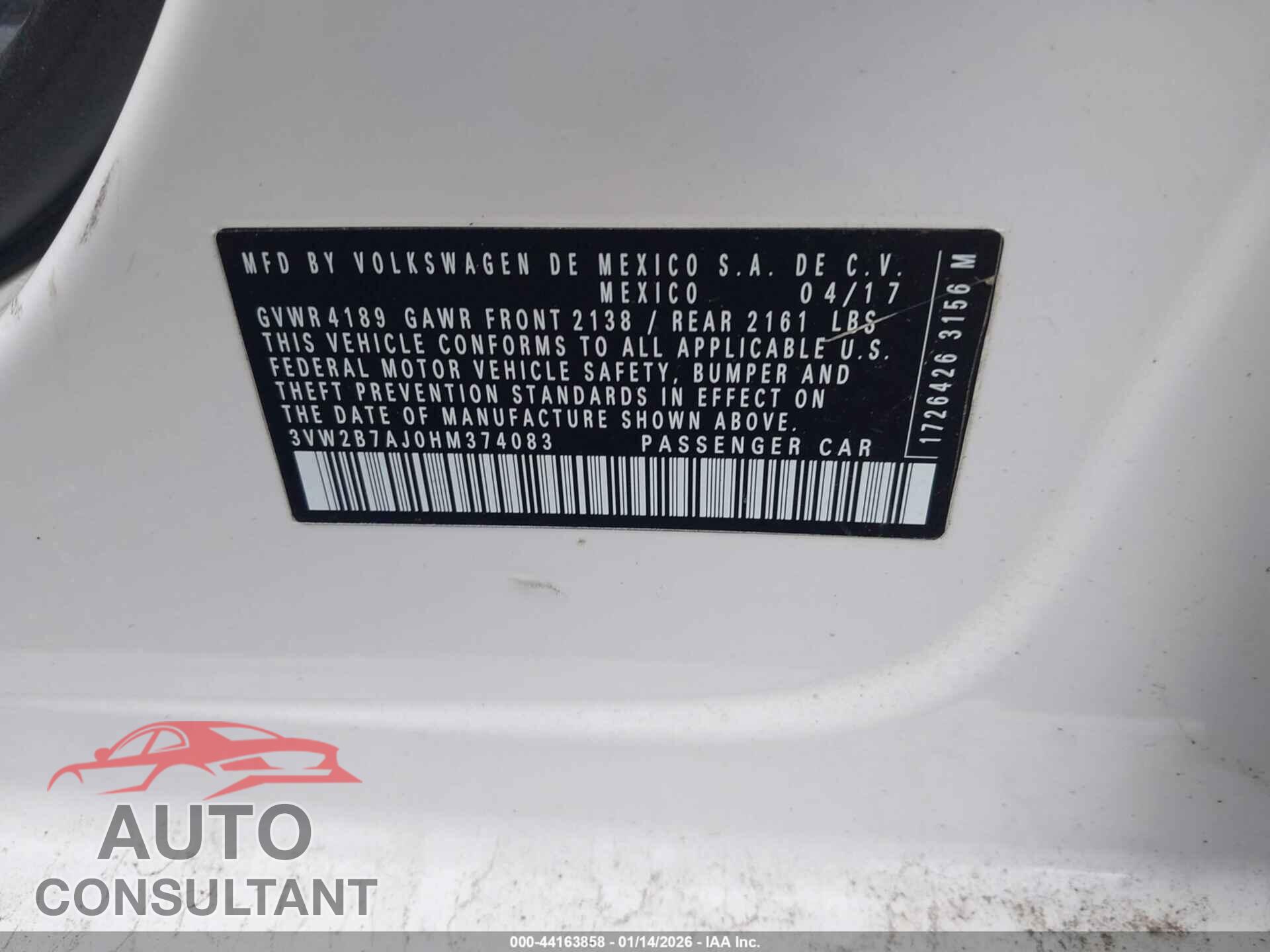 VOLKSWAGEN JETTA 2017 - 3VW2B7AJ0HM374083