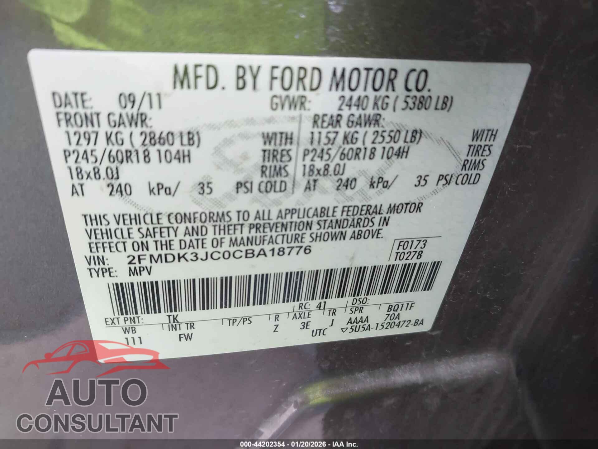 FORD EDGE 2012 - 2FMDK3JC0CBA18776