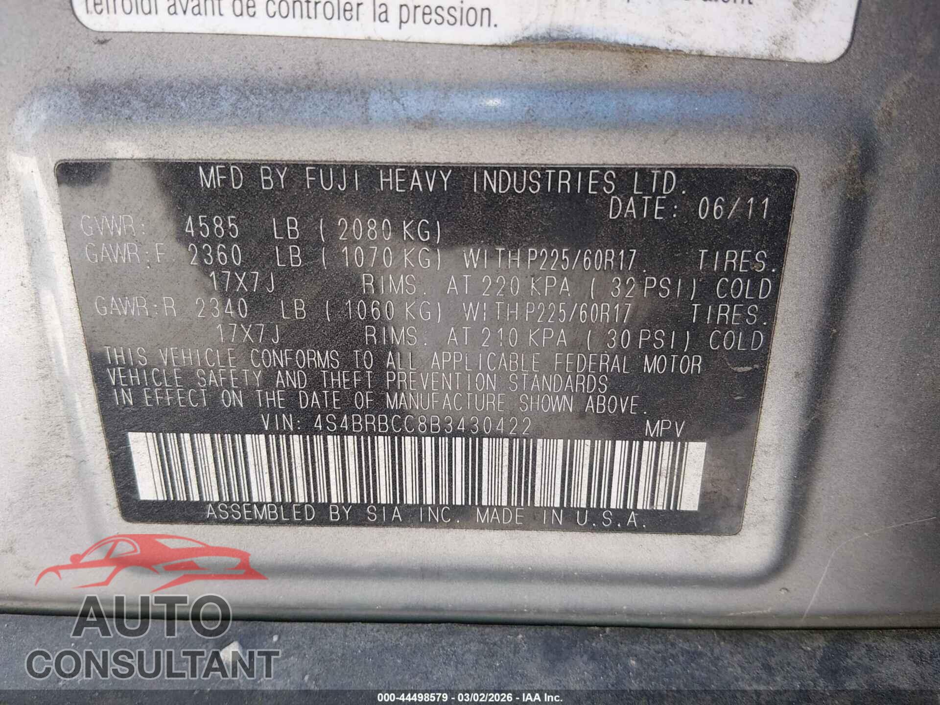 SUBARU OUTBACK 2011 - 4S4BRBCC8B3430422