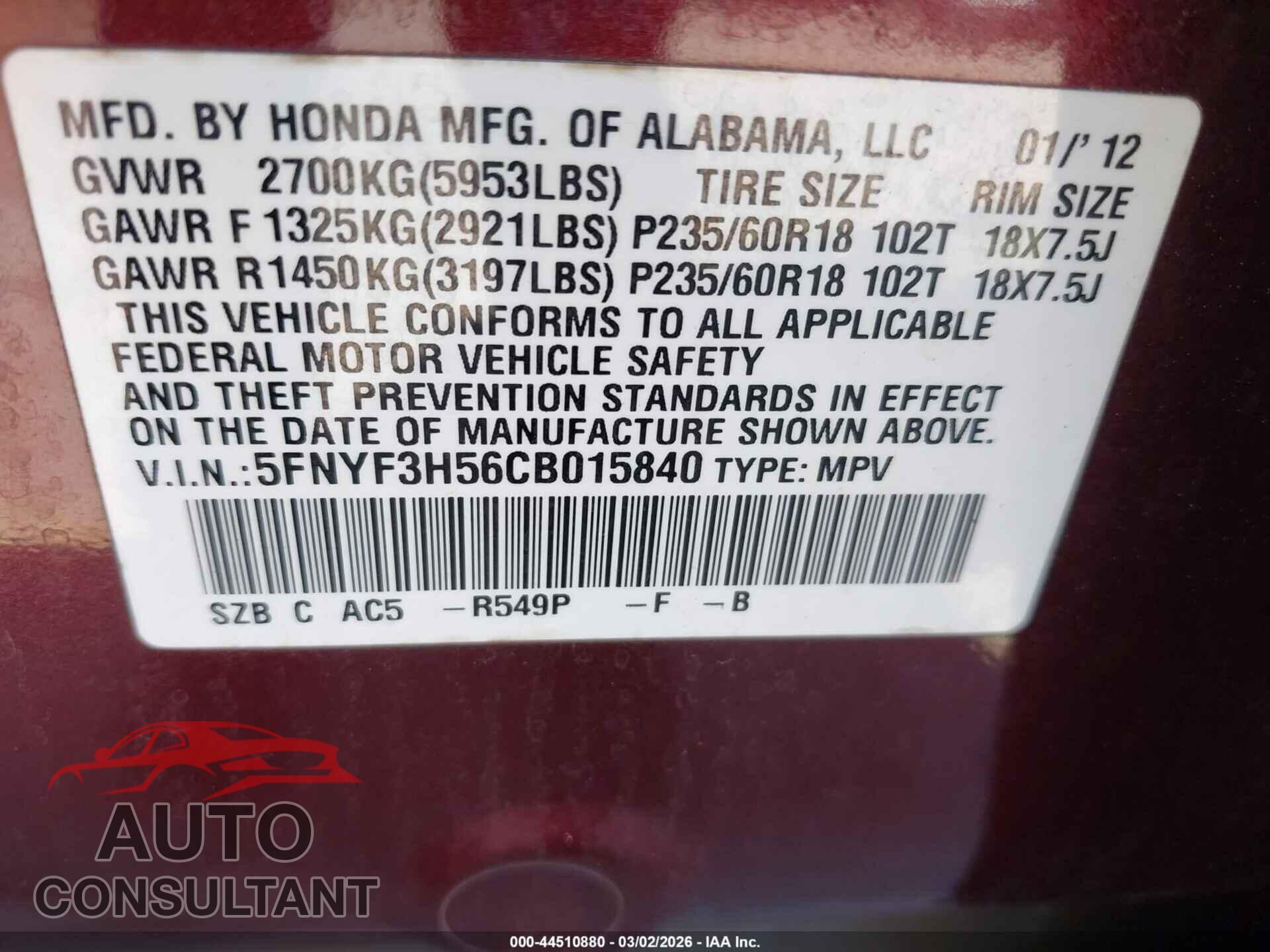 HONDA PILOT 2012 - 5FNYF3H56CB015840