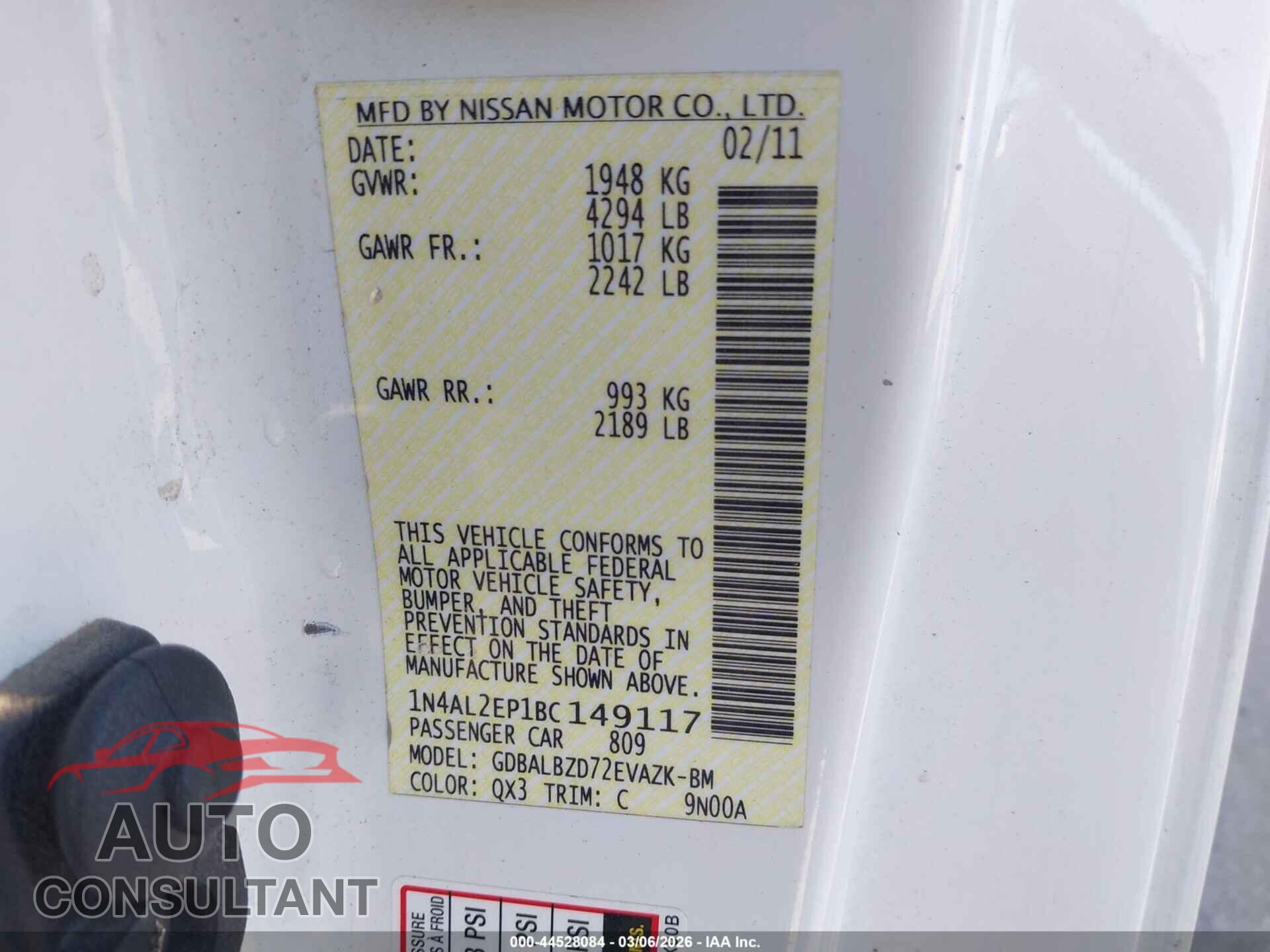 NISSAN ALTIMA 2011 - 1N4AL2EP1BC149117