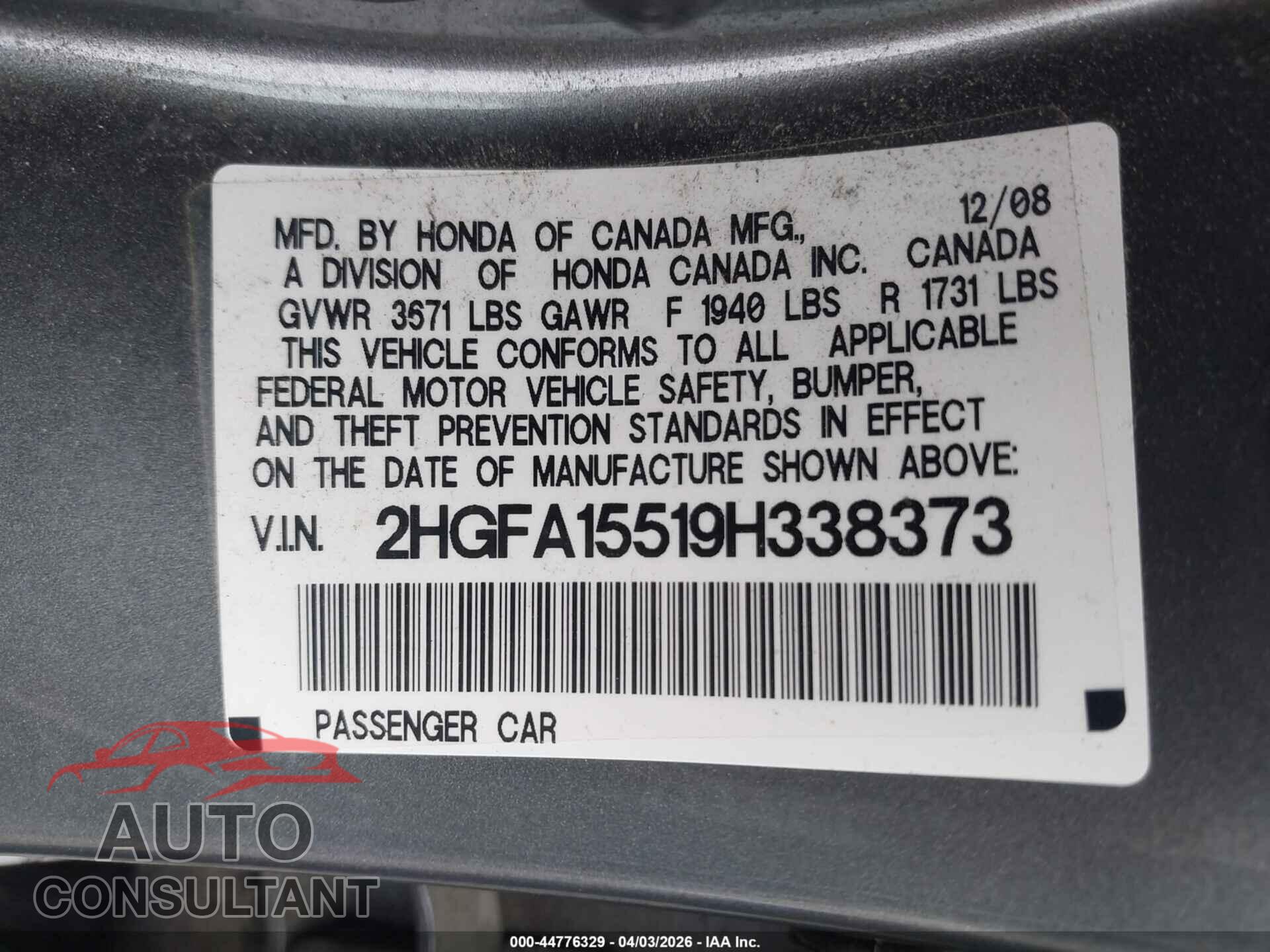 HONDA CIVIC 2009 - 2HGFA15519H338373