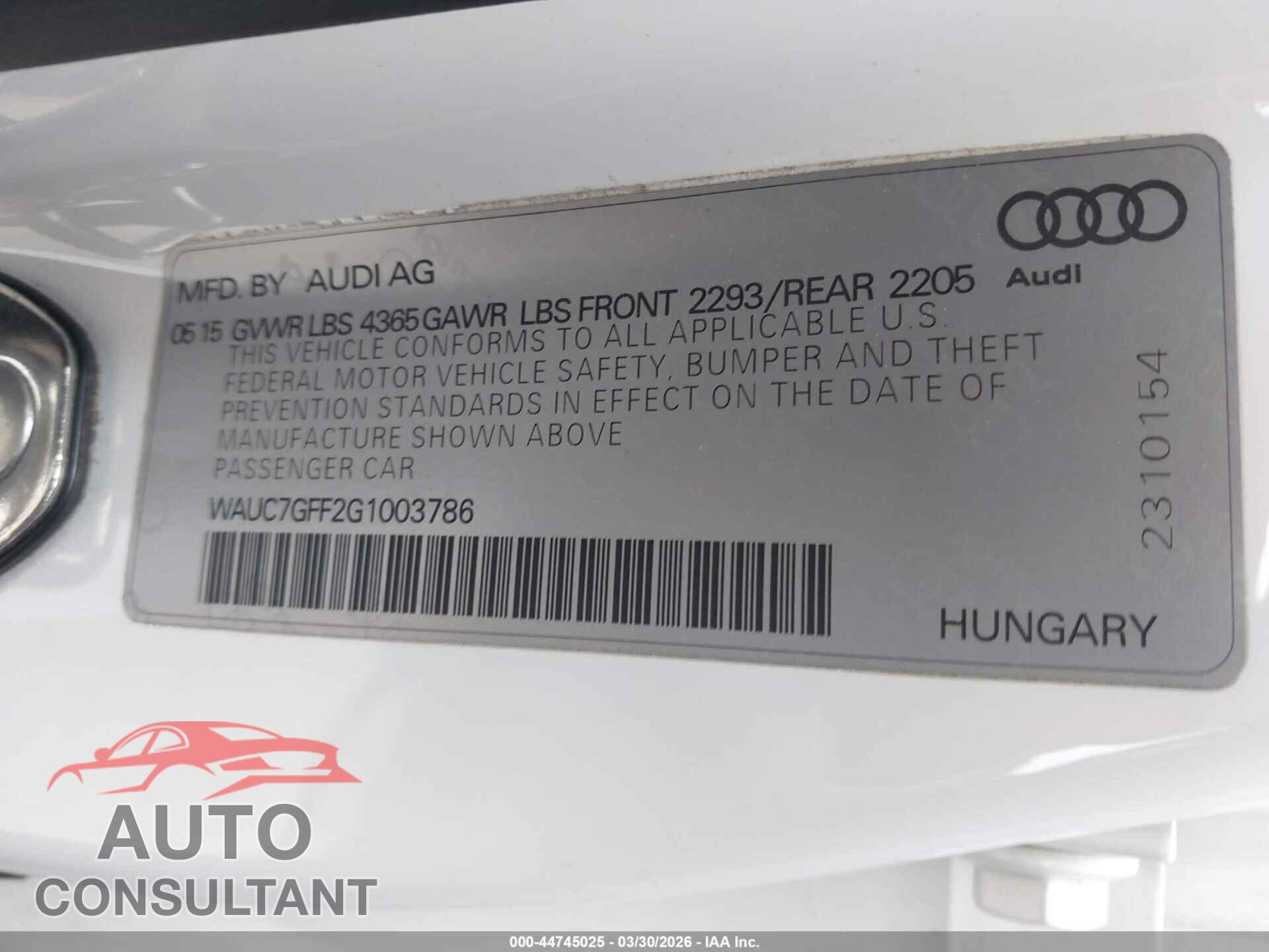AUDI A3 2016 - WAUC7GFF2G1003786