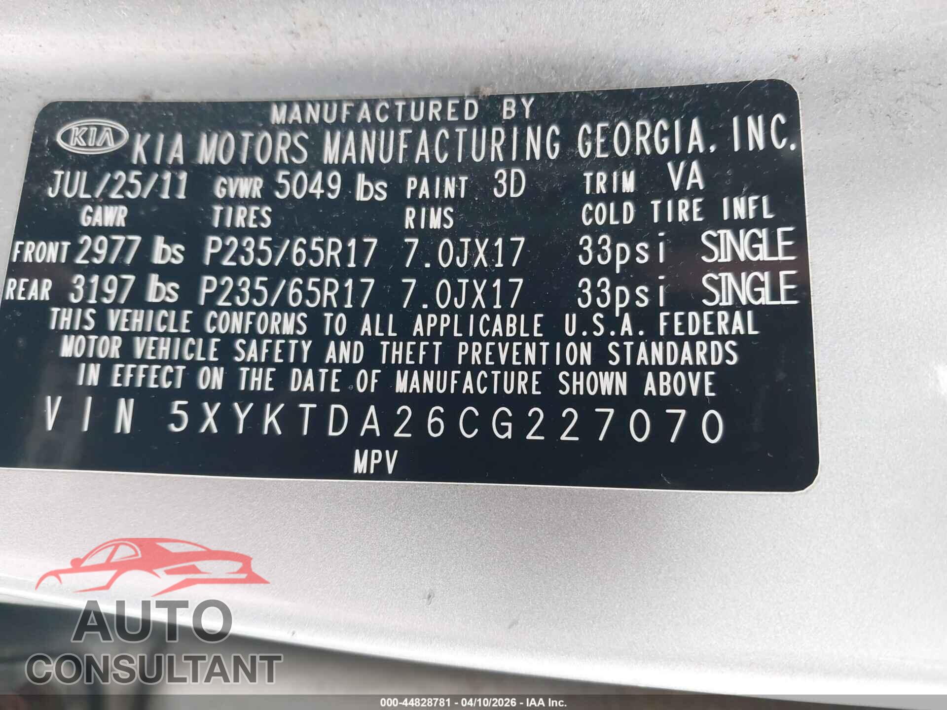 KIA SORENTO 2012 - 5XYKTDA26CG227070