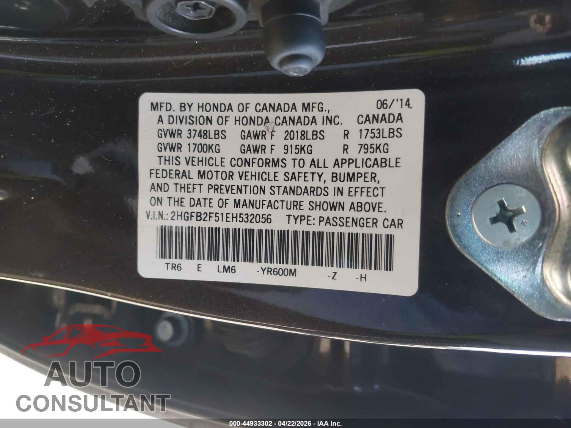 HONDA CIVIC 2014 - 2HGFB2F51EH532056