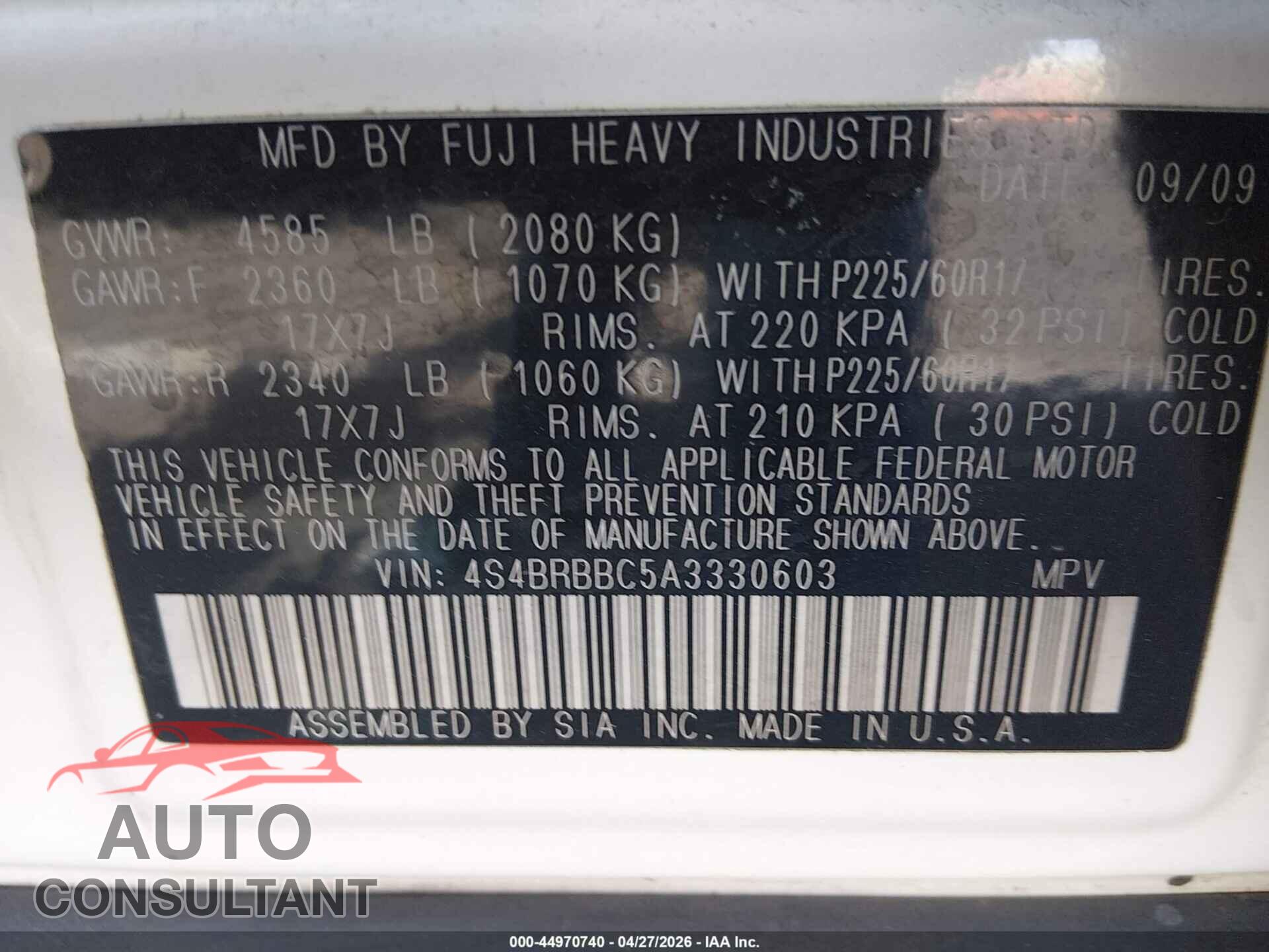 SUBARU OUTBACK 2010 - 4S4BRBBC5A3330603