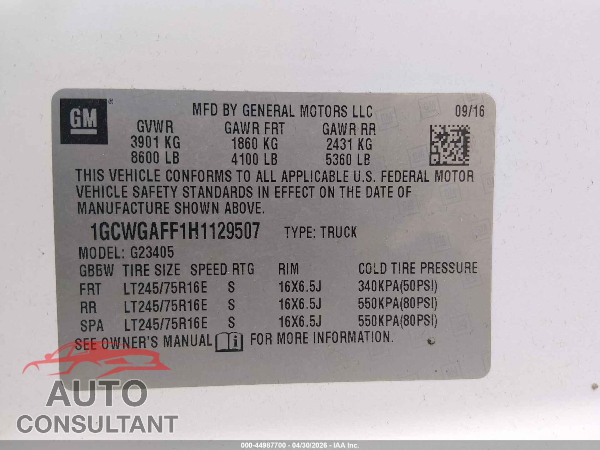 CHEVROLET EXPRESS 2500 2017 - 1GCWGAFF1H1129507