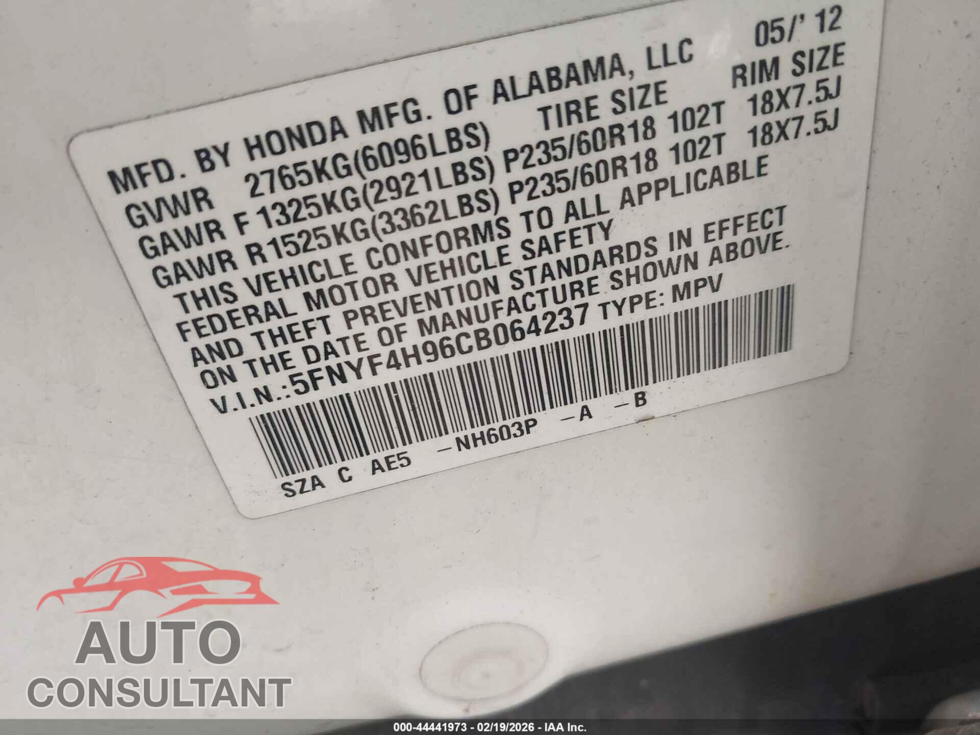 HONDA PILOT 2012 - 5FNYF4H96CB064237