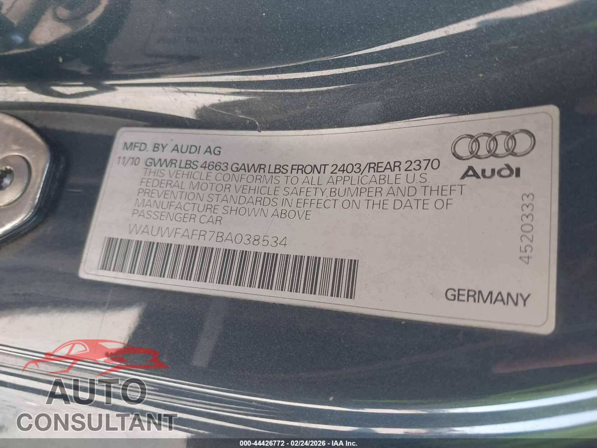 AUDI A5 2011 - WAUWFAFR7BA038534