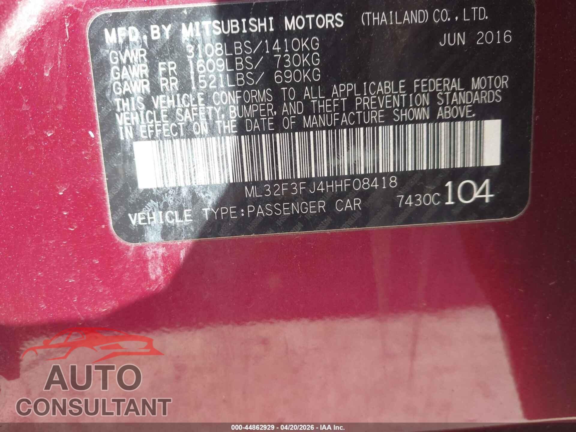 MITSUBISHI MIRAGE G4 2017 - ML32F3FJ4HHF08418