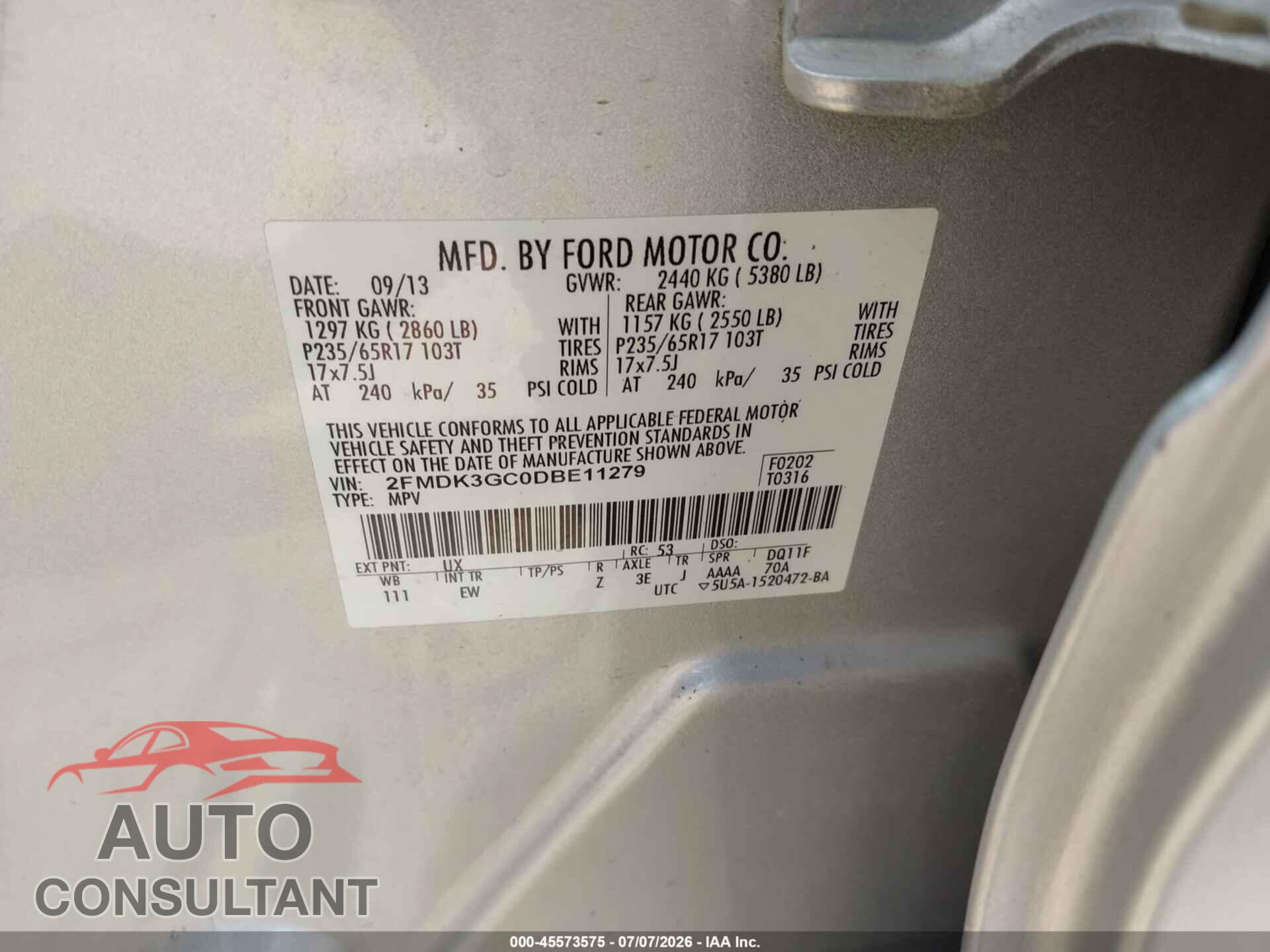 FORD EDGE 2013 - 2FMDK3GC0DBE11279