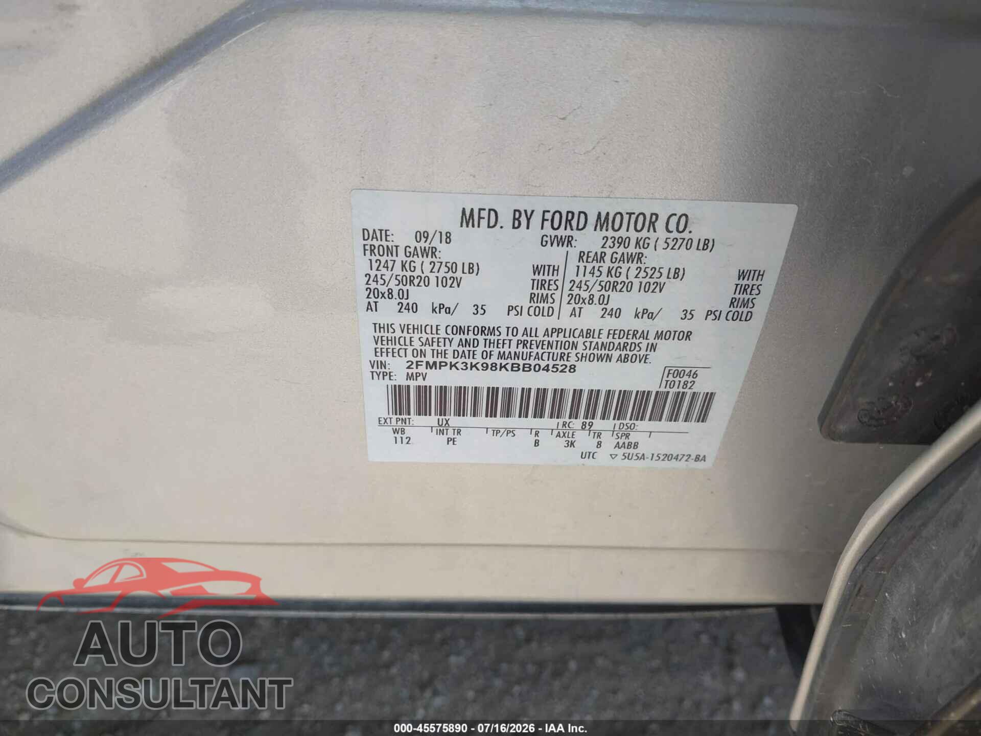 FORD EDGE 2019 - 2FMPK3K98KBB04528