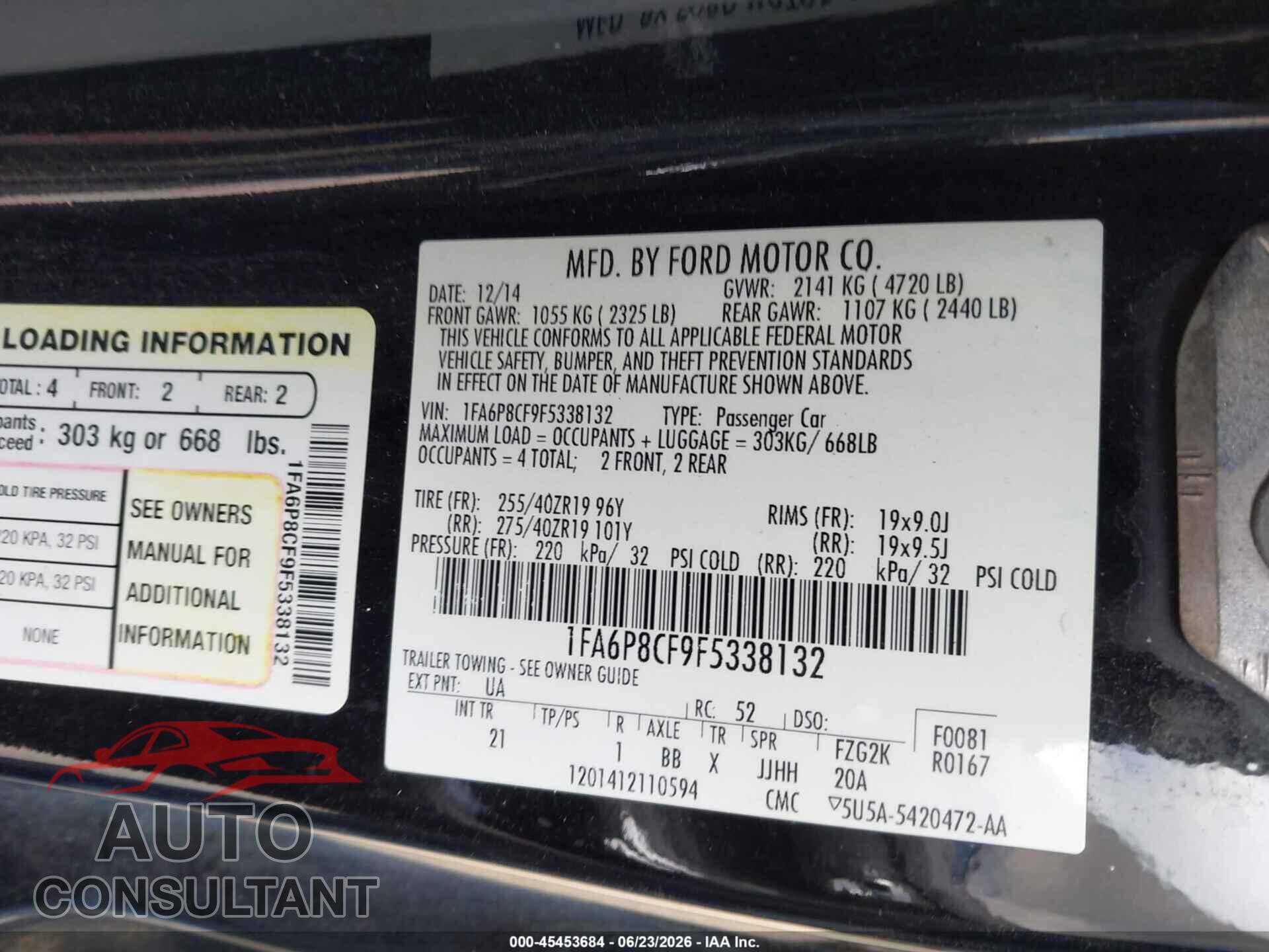 FORD MUSTANG 2015 - 1FA6P8CF9F5338132