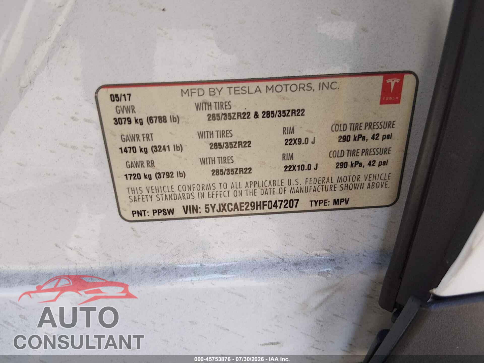 TESLA MODEL X 2017 - 5YJXCAE29HF047207