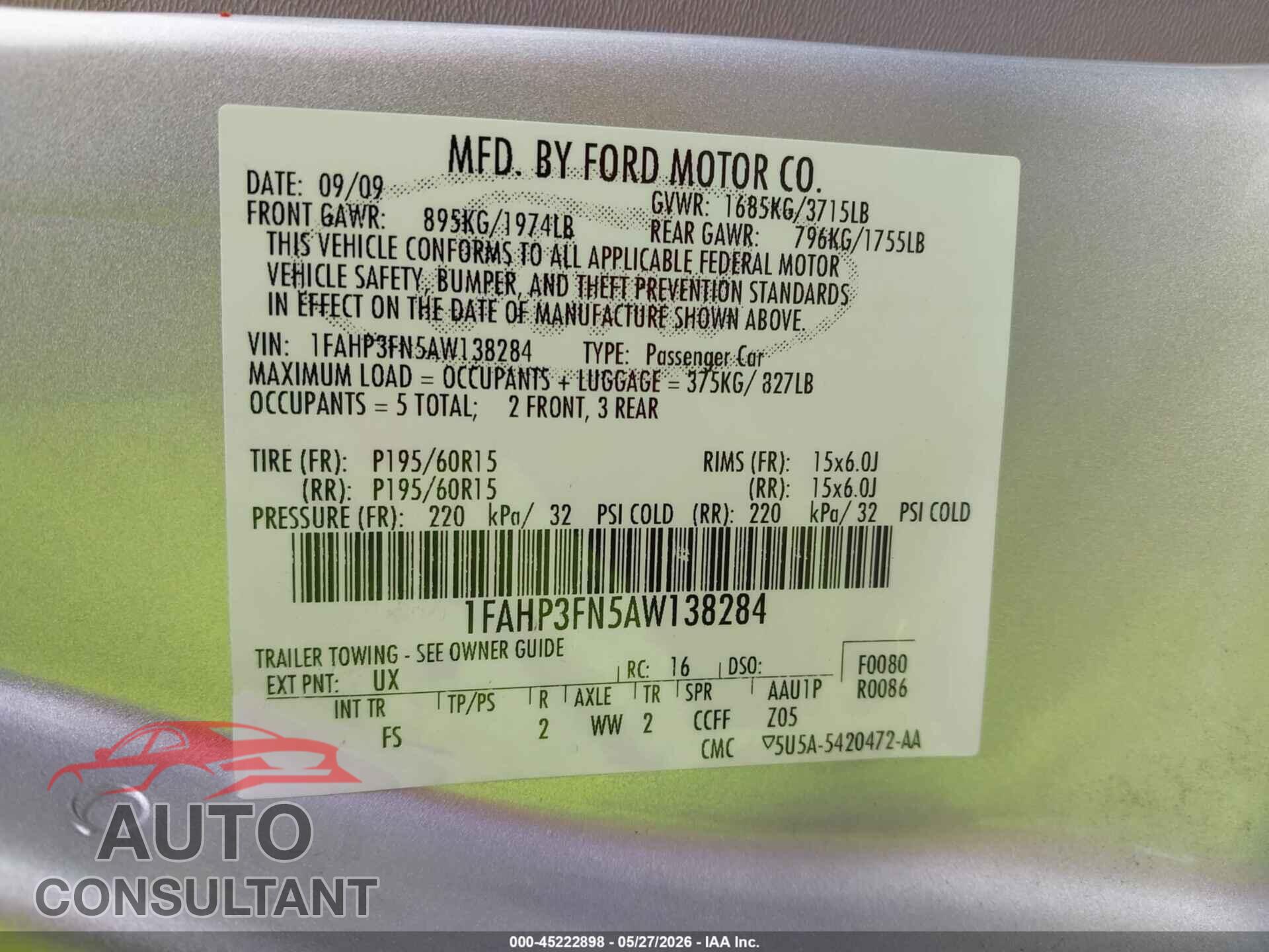 FORD FOCUS 2010 - 1FAHP3FN5AW138284