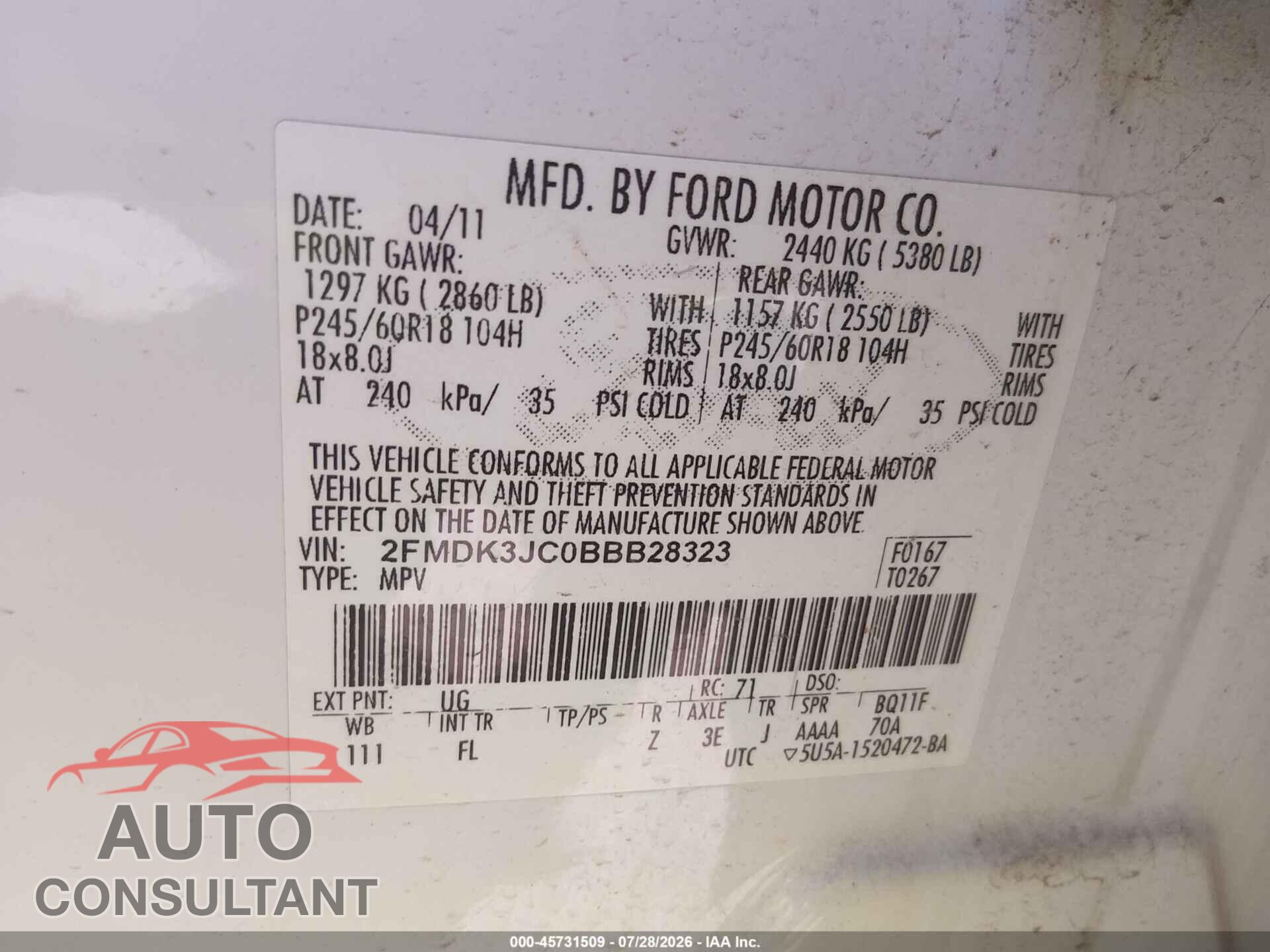 FORD EDGE 2011 - 2FMDK3JC0BBB28323