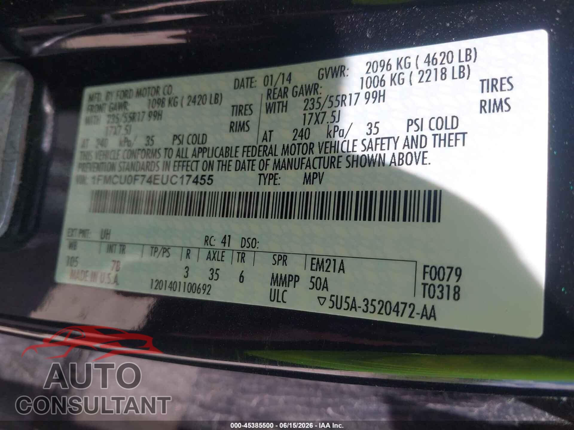 FORD ESCAPE 2014 - 1FMCU0F74EUC17455