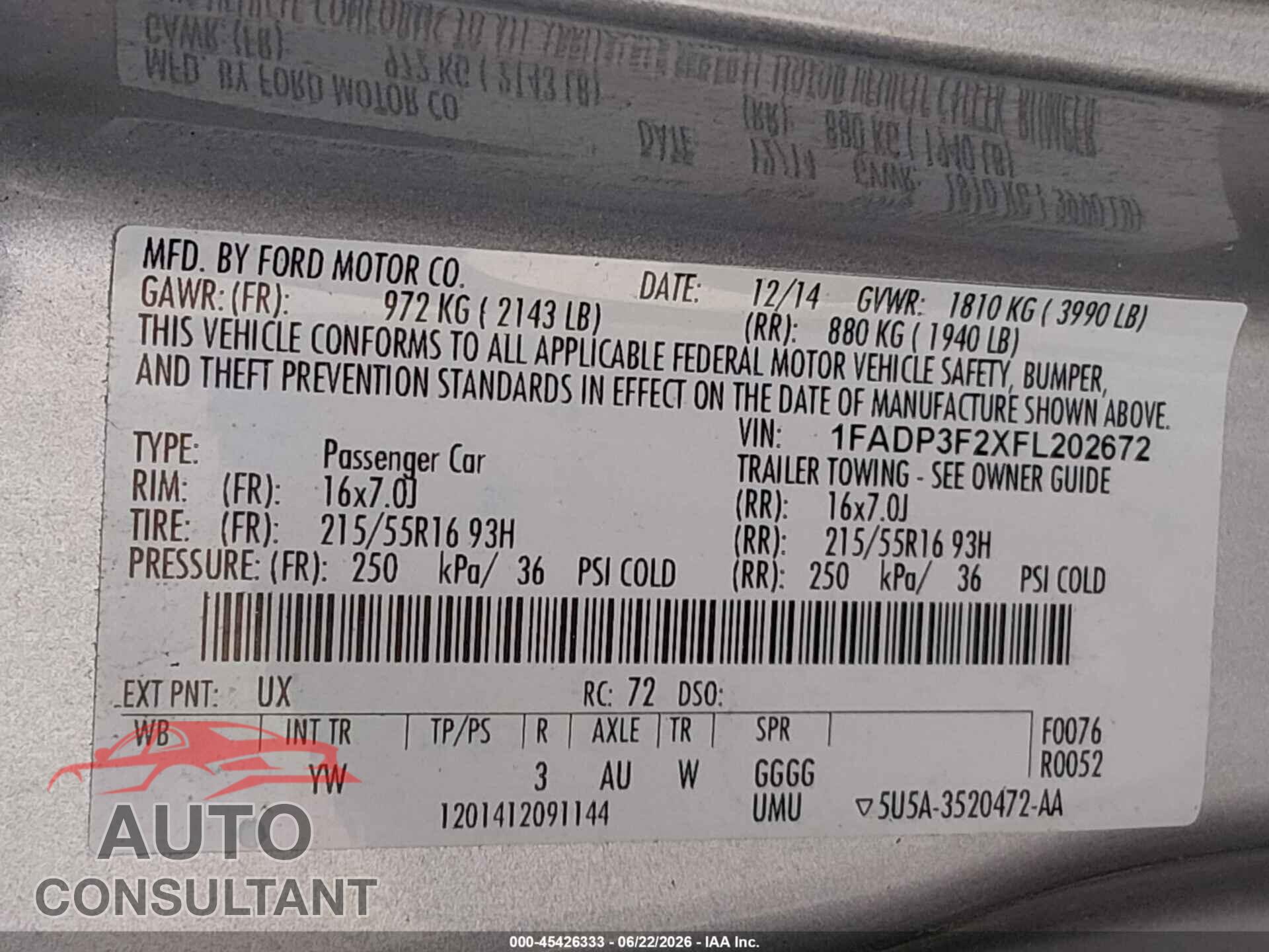 FORD FOCUS 2015 - 1FADP3F2XFL202672