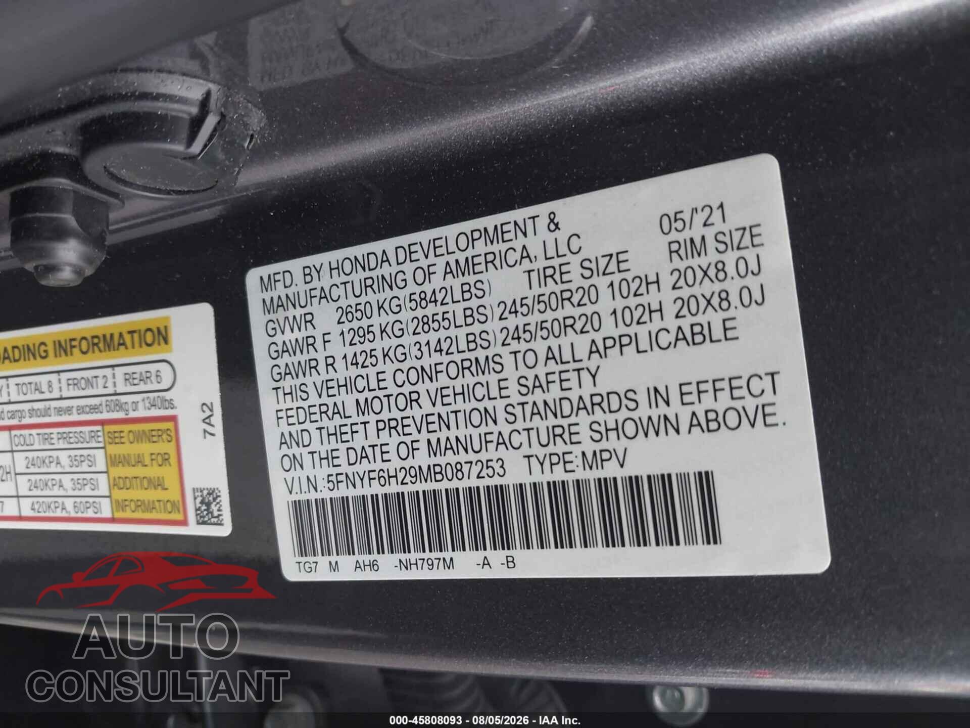 HONDA PILOT 2021 - 5FNYF6H29MB087253