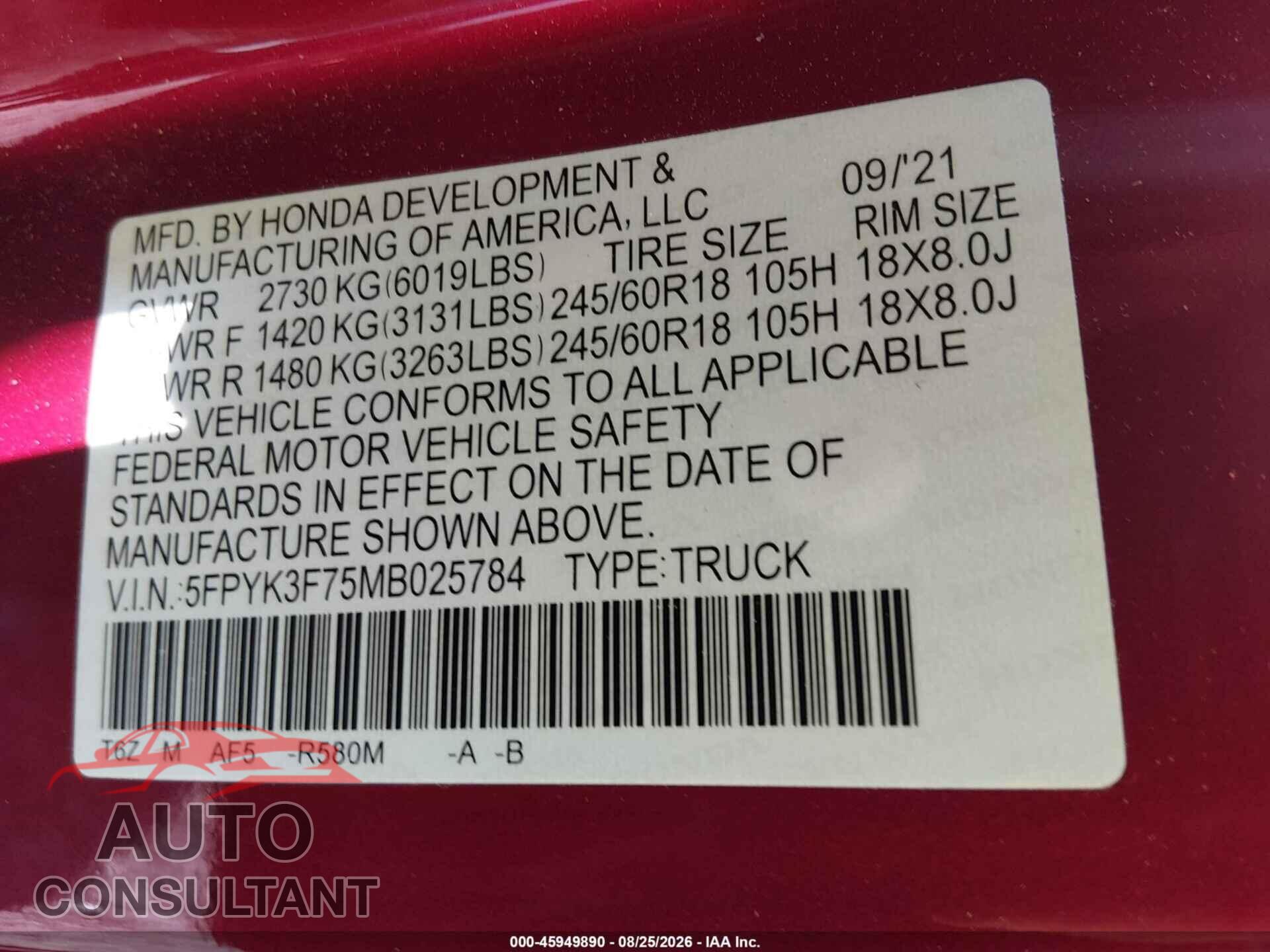 HONDA RIDGELINE 2021 - 5FPYK3F75MB025784