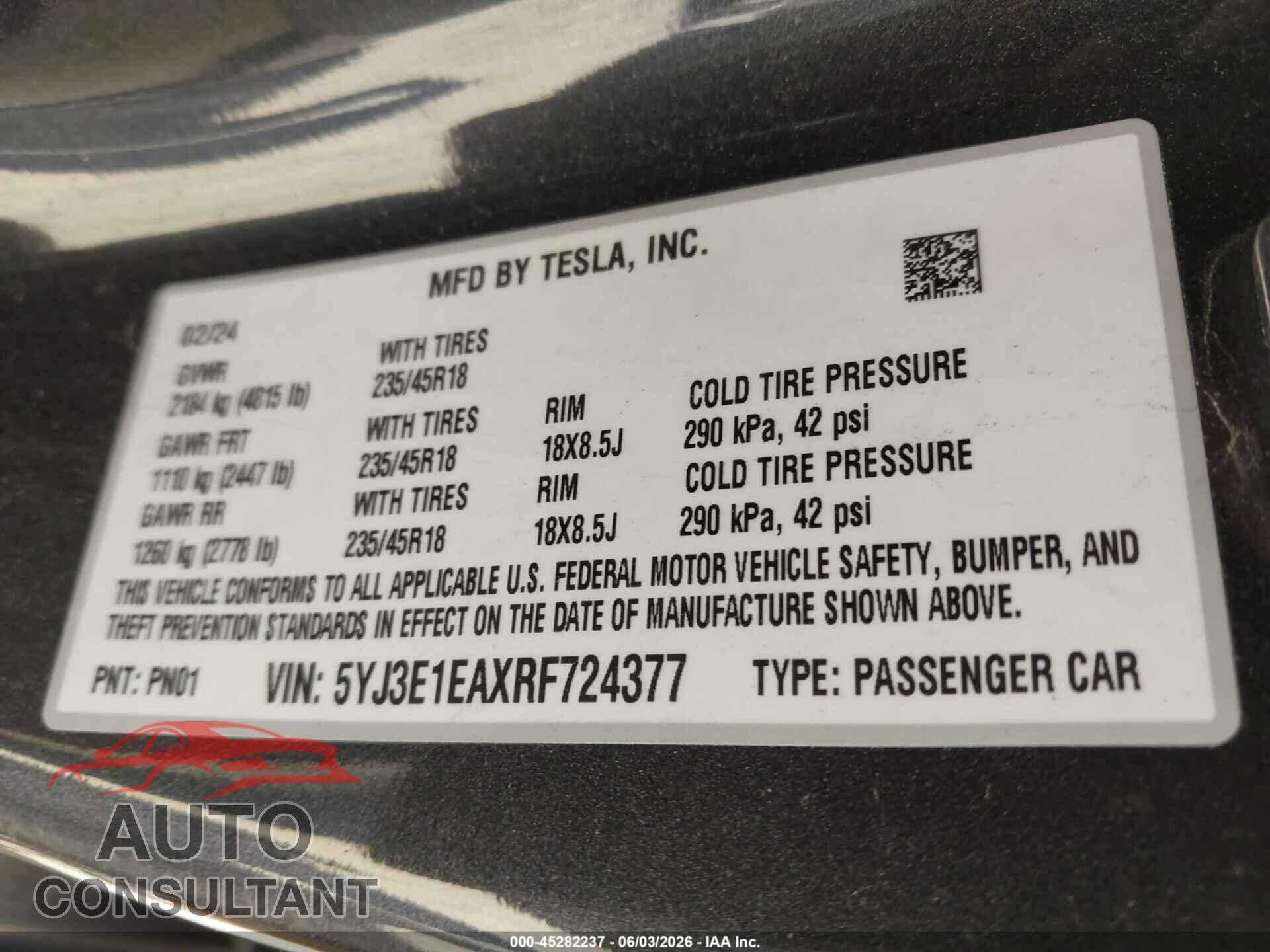 TESLA MODEL 3 2024 - 5YJ3E1EAXRF724377