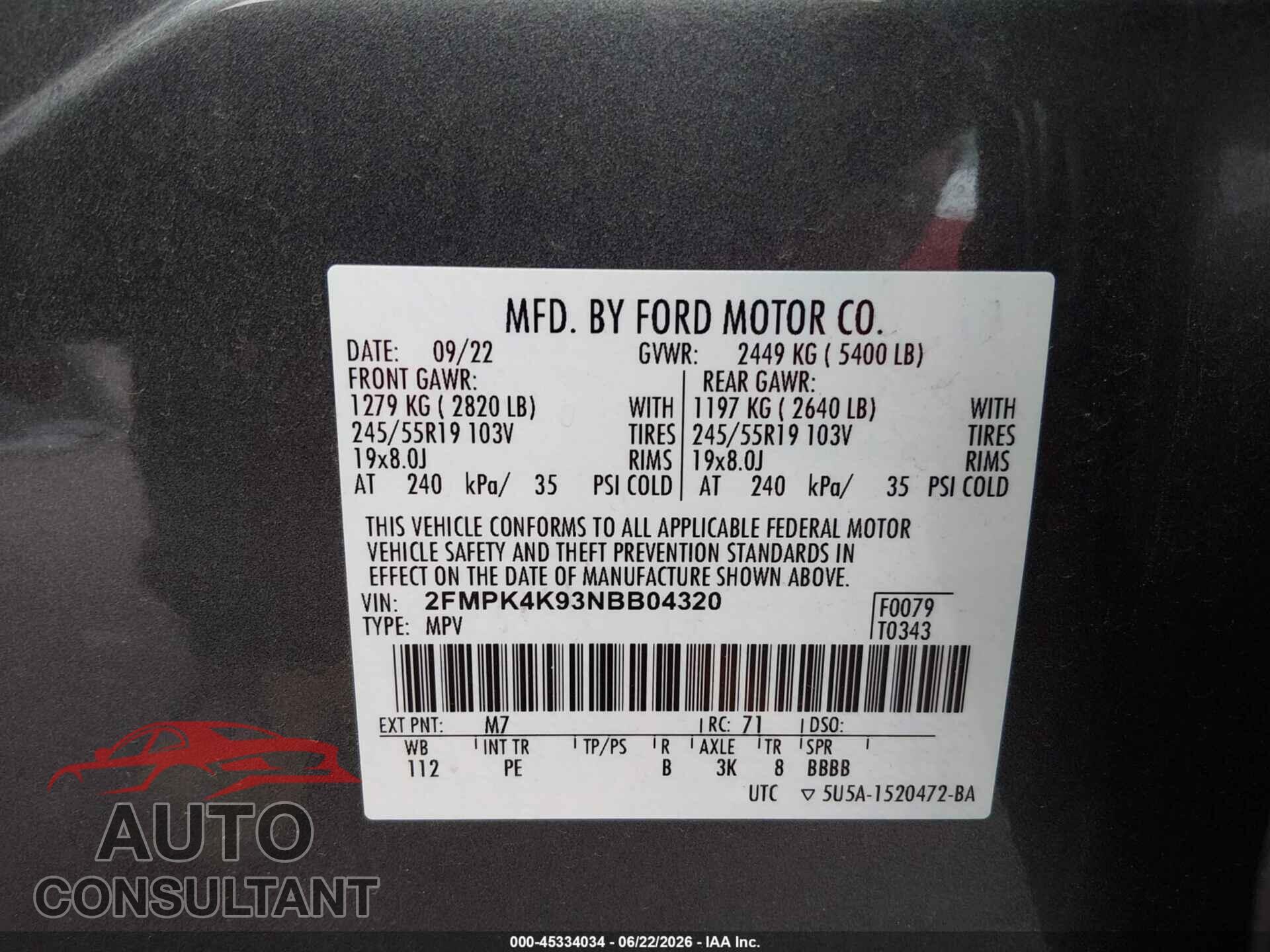 FORD EDGE 2022 - 2FMPK4K93NBB04320