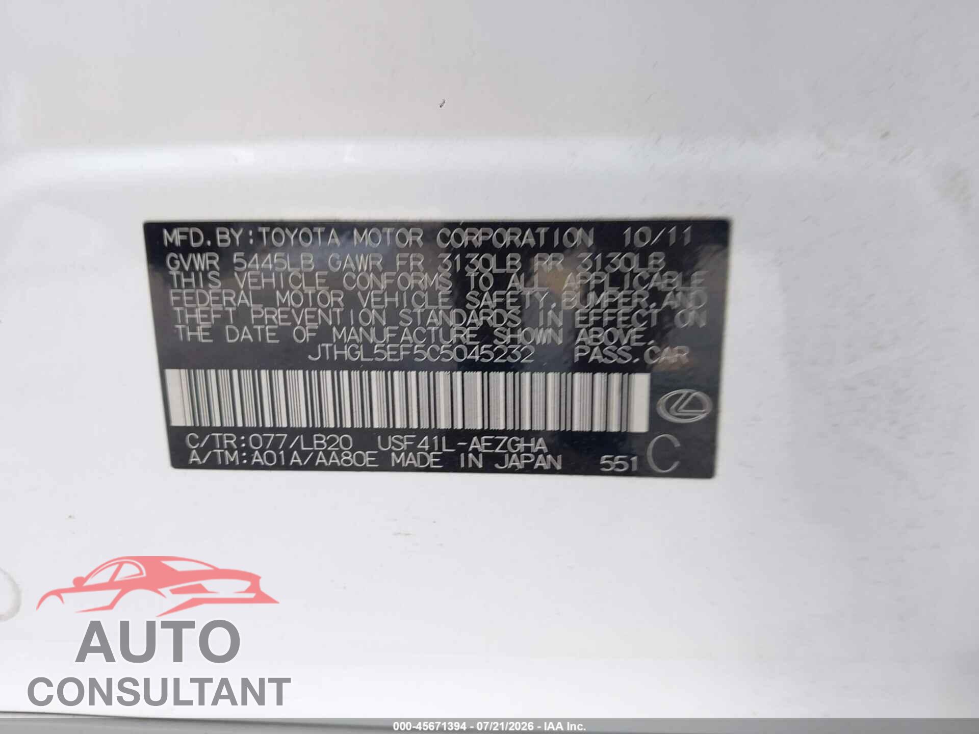 LEXUS LS 460 2012 - JTHGL5EF5C5045232