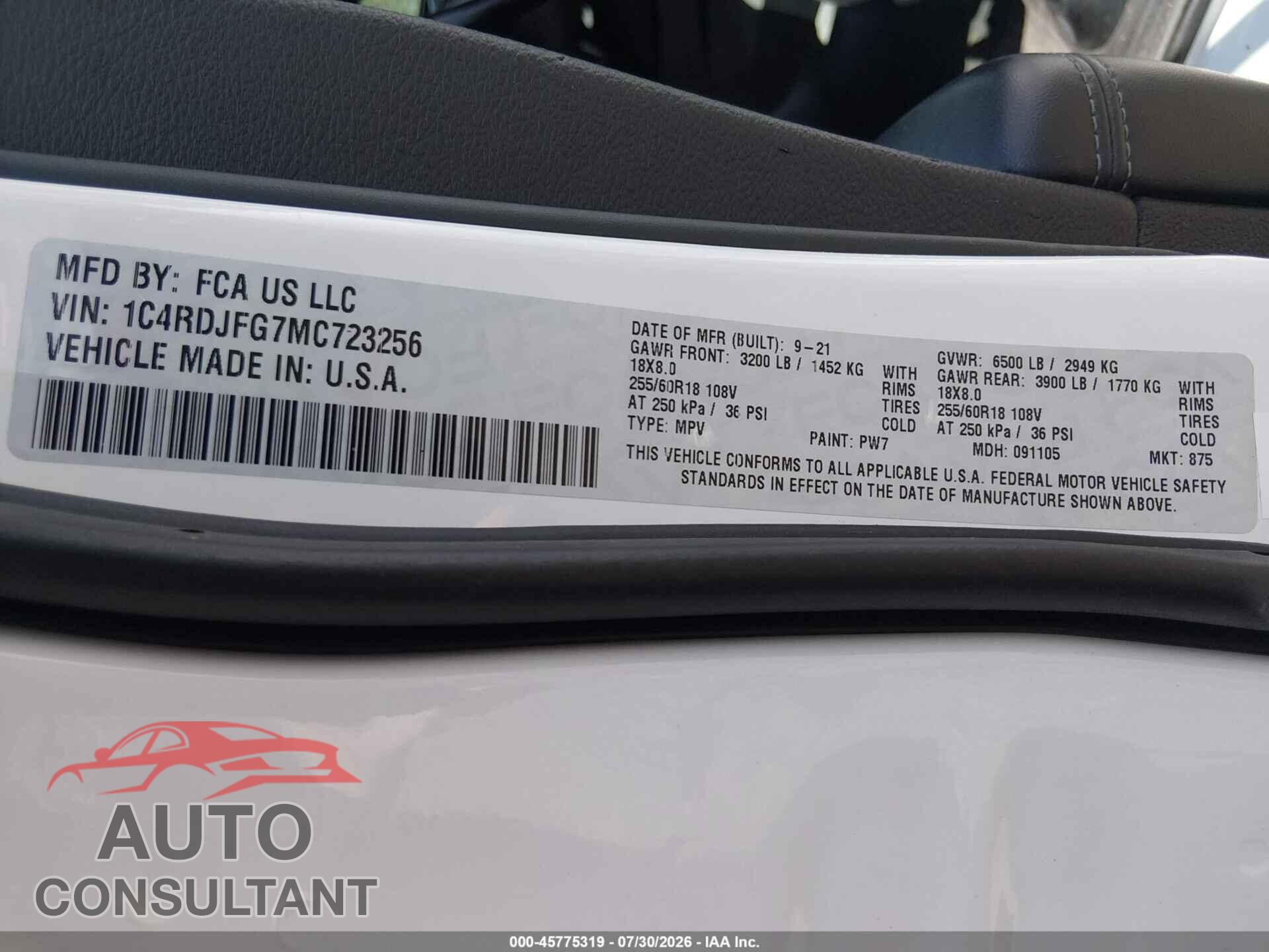 DODGE DURANGO 2021 - 1C4RDJFG7MC723256